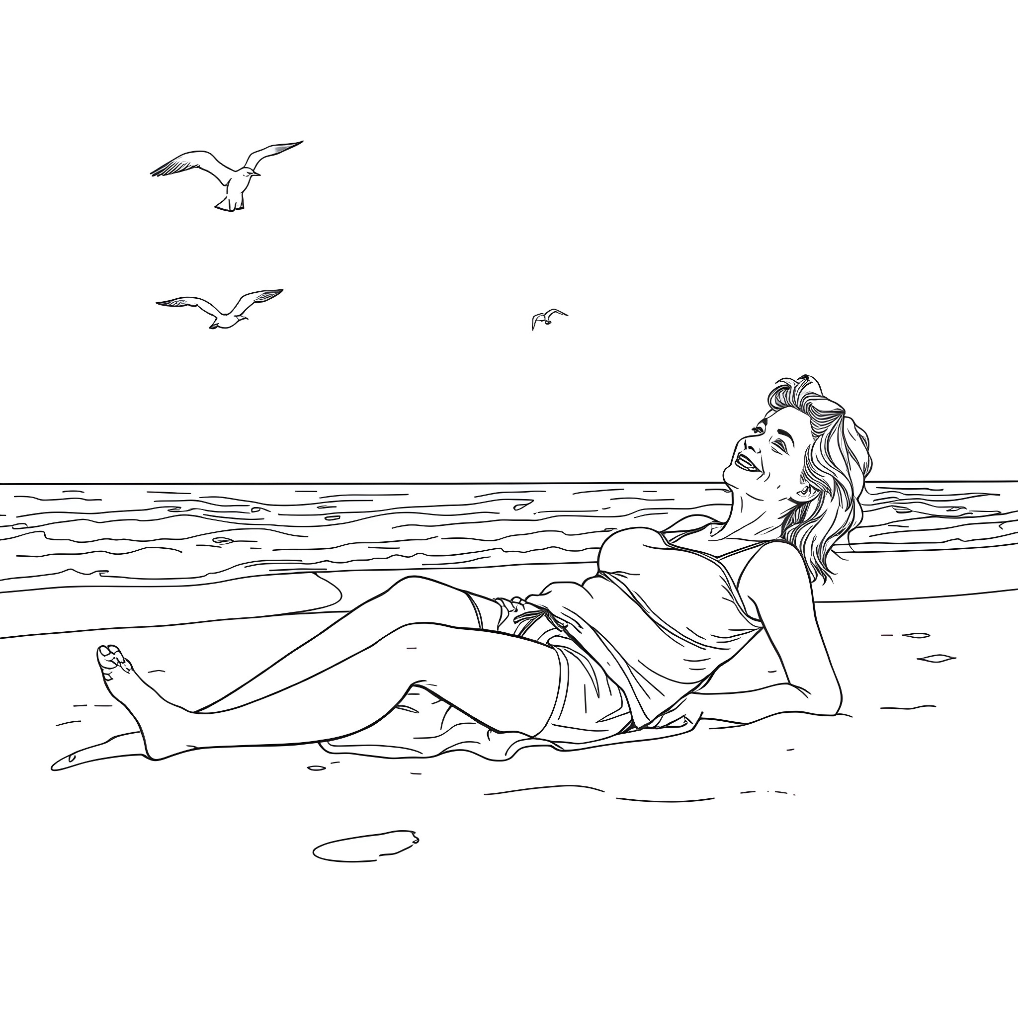 Woman relaxing on the beach with seagulls Coloring Page (free black-and-white line drawing printable PDF for all, from beginners to advanced learners, including children, teens, adults, and seniors)