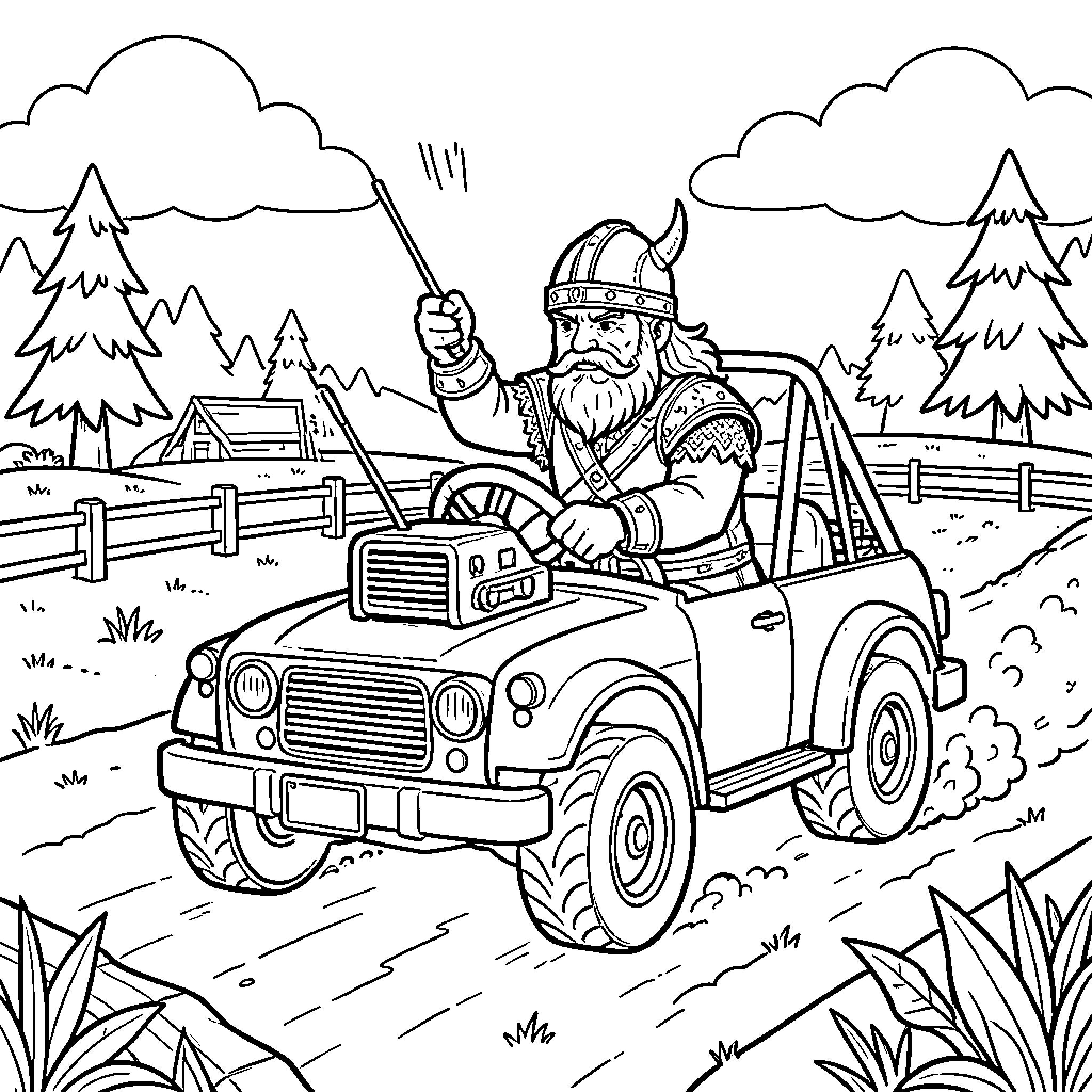Viking warrior driving an off-road vehicle through nature Coloring Page (free black-and-white line drawing printable PDF for all, from beginners to advanced learners, including children, teens, adults, and seniors)