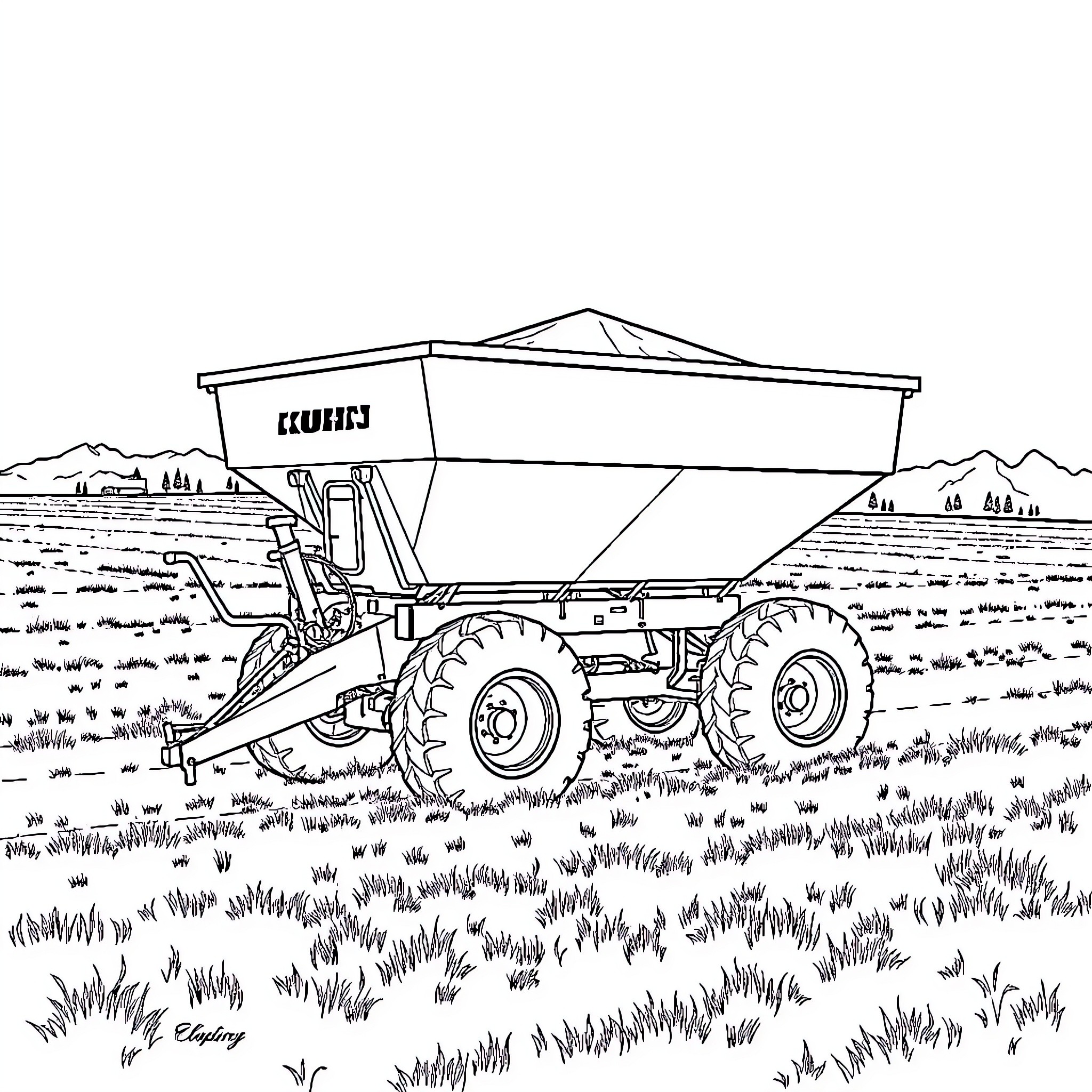 Box Spreader transporting agricultural materials in a field Coloring Page (free black-and-white line drawing printable PDF for all, from beginners to advanced learners, including children, teens, adults, and seniors)