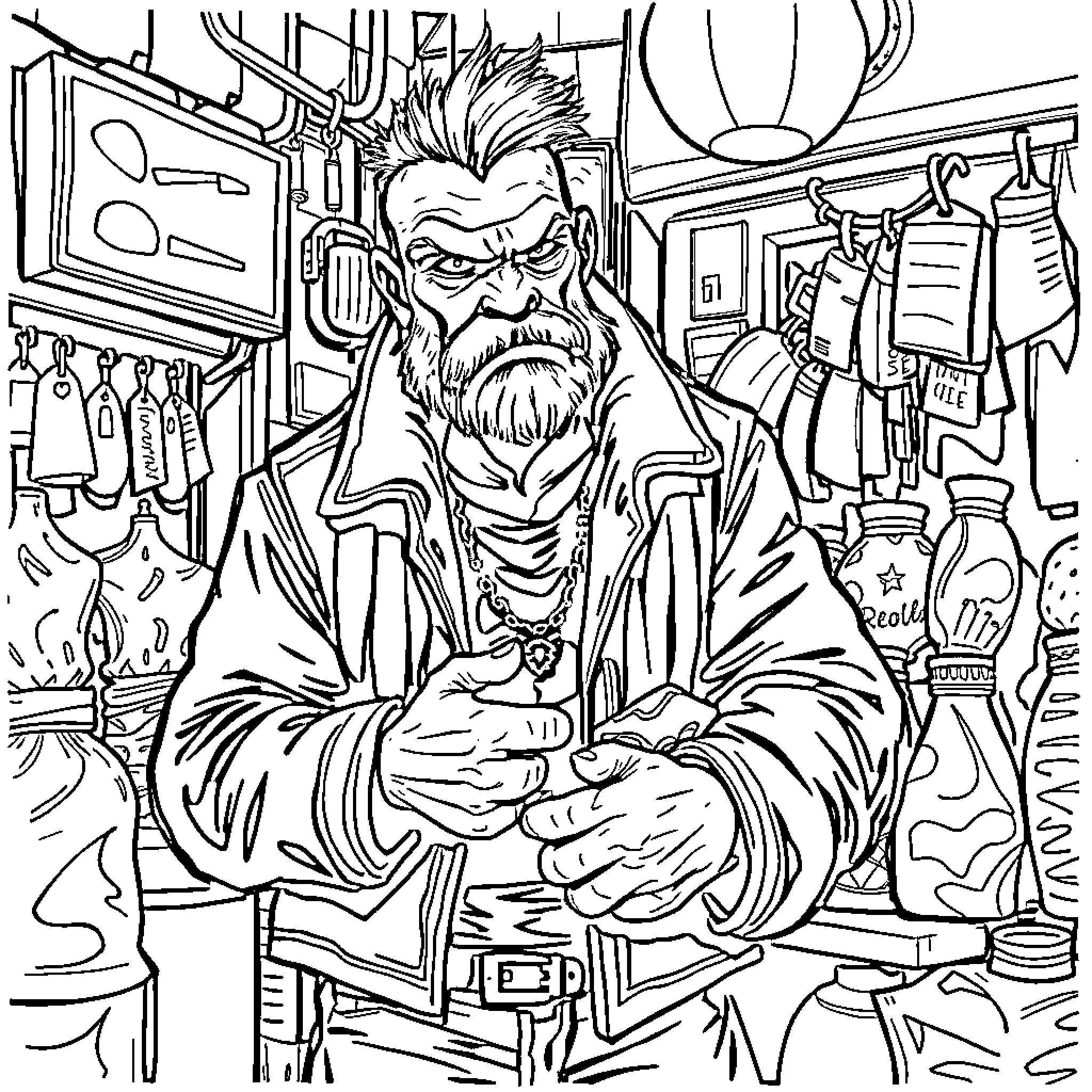 Thug in a Chaotic Shop Scene Coloring Page (free black-and-white line drawing printable PDF for all, from beginners to advanced learners, including children, teens, adults, and seniors)