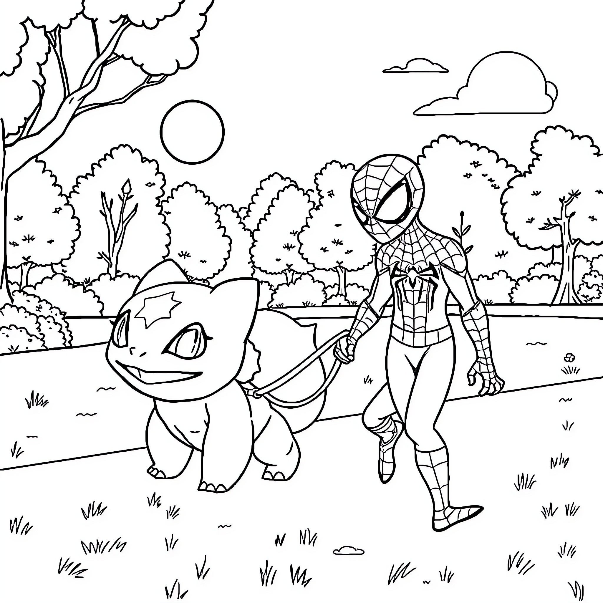 Spiderman walking with cute Pokemon in the park Coloring Page (free black-and-white line drawing printable PDF for all, from beginners to advanced learners, including children, teens, adults, and seniors)