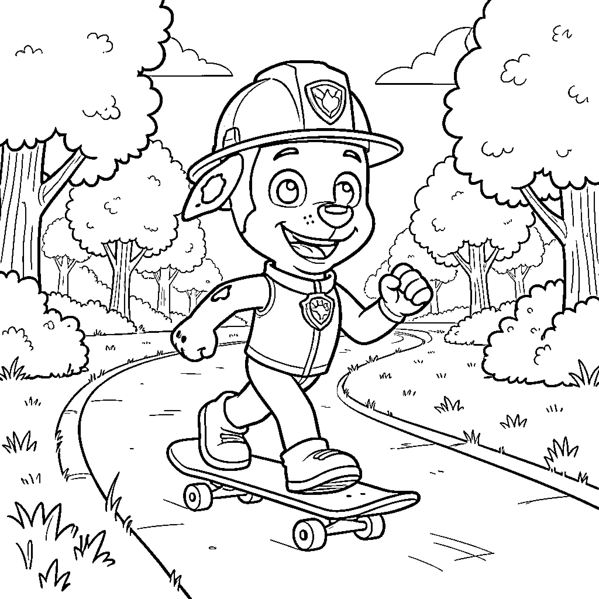 Rubble playing happily on his skateboard in the park Coloring Page (free black-and-white line drawing printable PDF for all, from beginners to advanced learners, including children, teens, adults, and seniors)