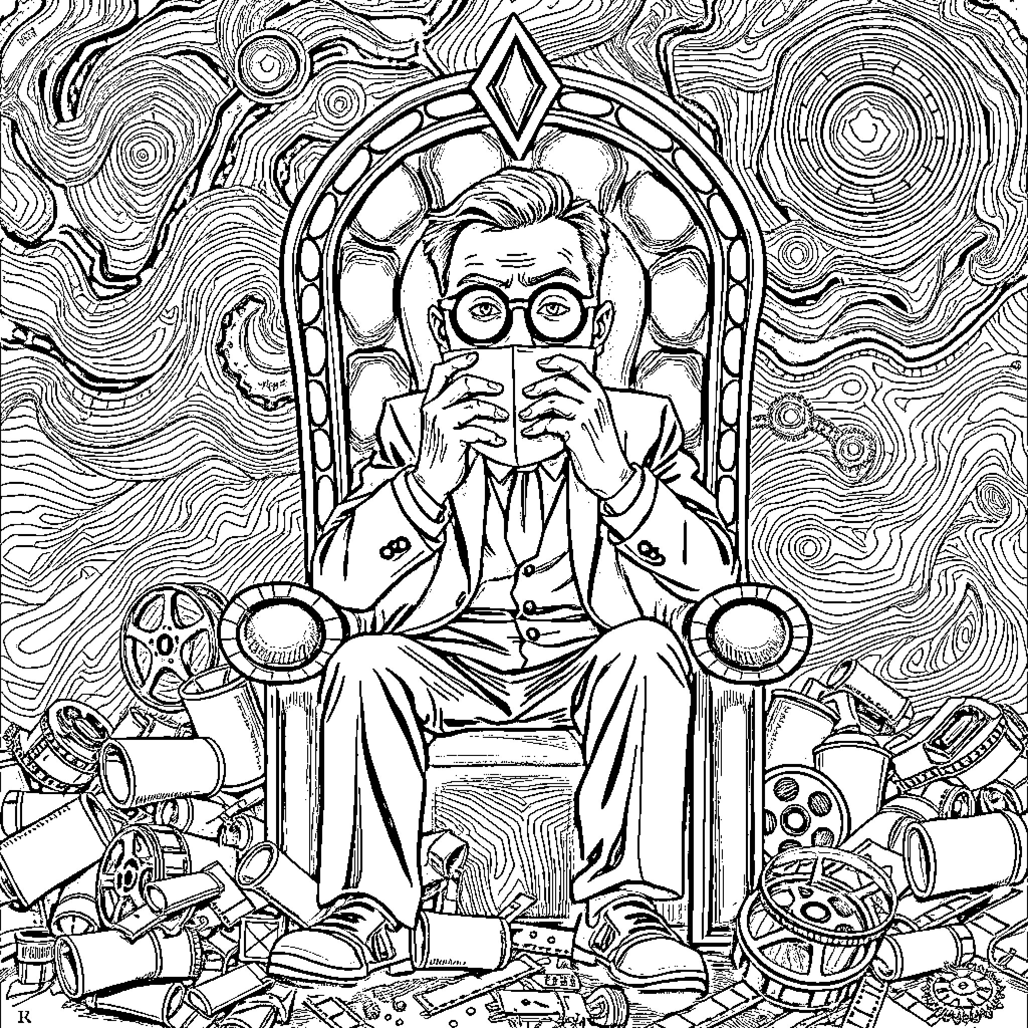 Man reading intently in a surreal, mystical setting Coloring Page (free black-and-white line drawing printable PDF for all, from beginners to advanced learners, including children, teens, adults, and seniors)