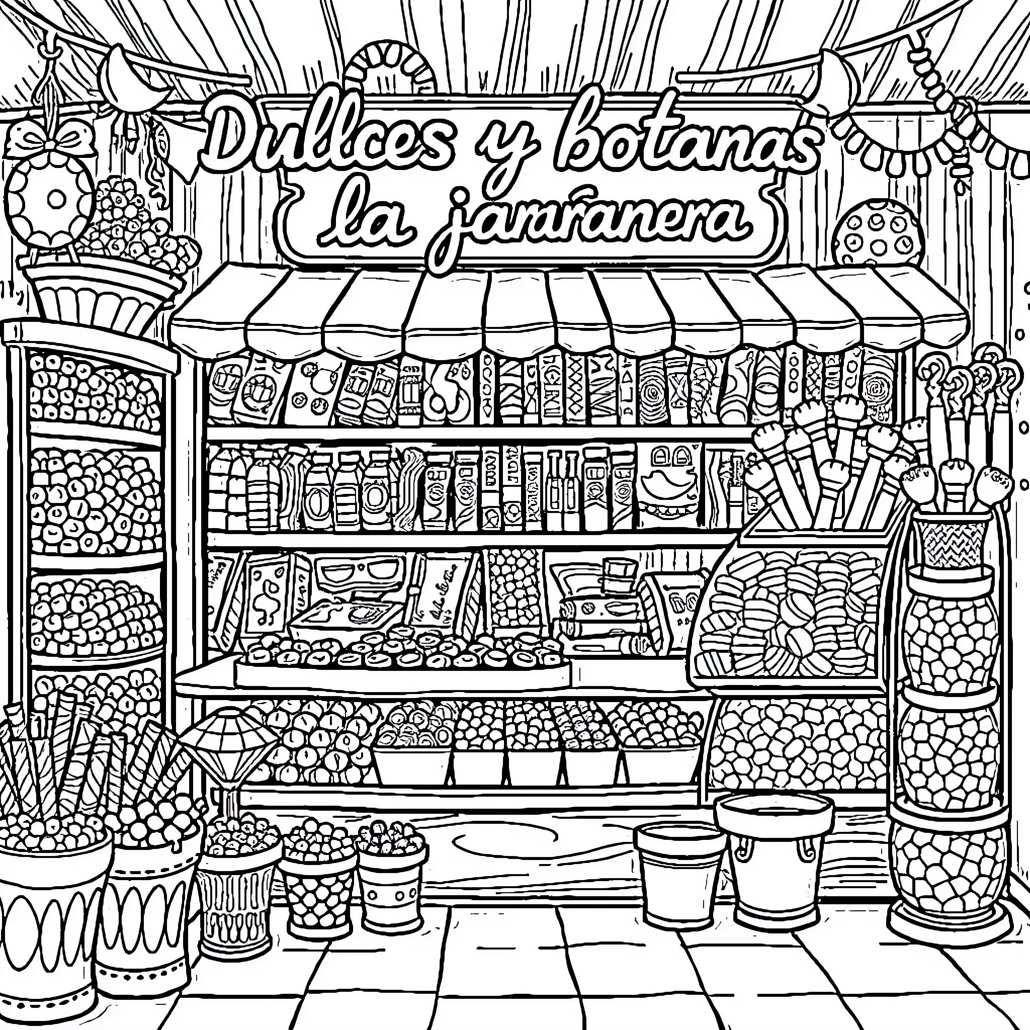 Candy and sweets in a vibrant marketplace Coloring Page (free black-and-white line drawing printable PDF for all, from beginners to advanced learners, including children, teens, adults, and seniors)