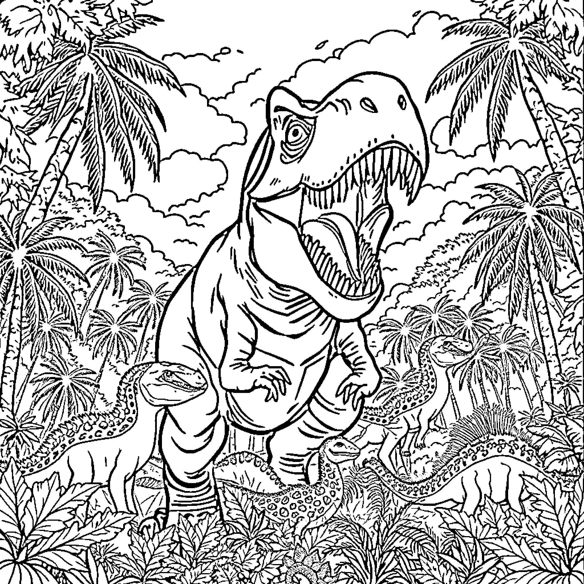 T-Rex Roaring in Prehistoric Jungle Landscape Coloring Page (free black-and-white line drawing printable PDF for all, from beginners to advanced learners, including children, teens, adults, and seniors)