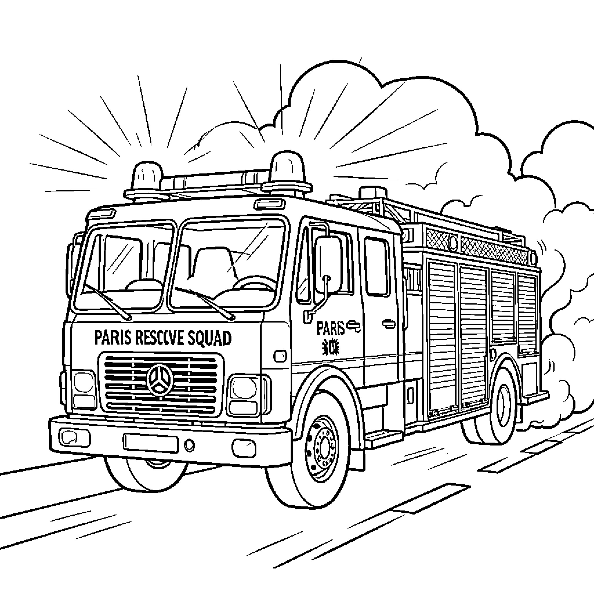 Fire Truck rushing quickly along the road Coloring Page (free black-and-white line drawing printable PDF for all, from beginners to advanced learners, including children, teens, adults, and seniors)