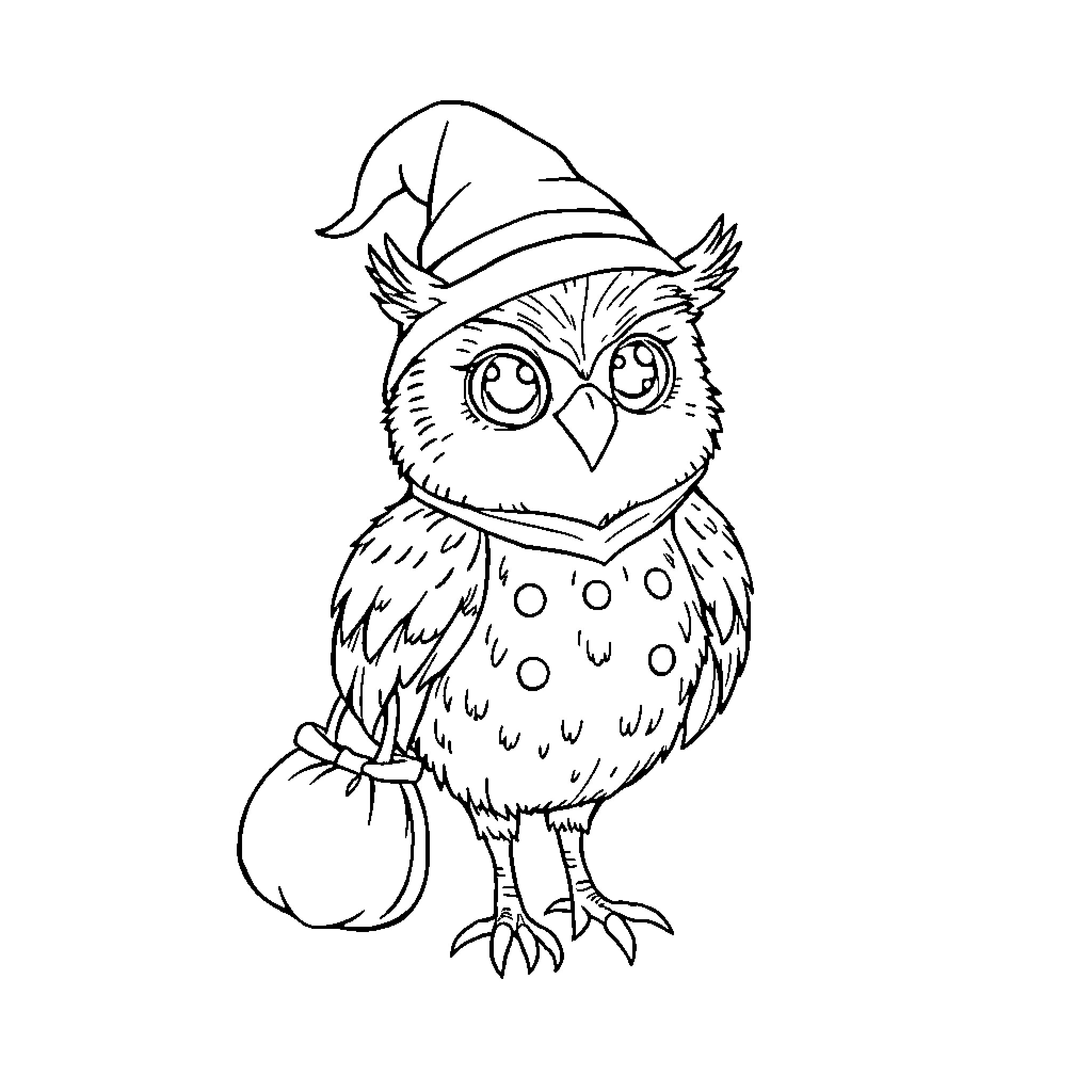 Owl wearing a witch hat and carrying a pumpkin Coloring Page (free black-and-white line drawing printable PDF for all, from beginners to advanced learners, including children, teens, adults, and seniors)