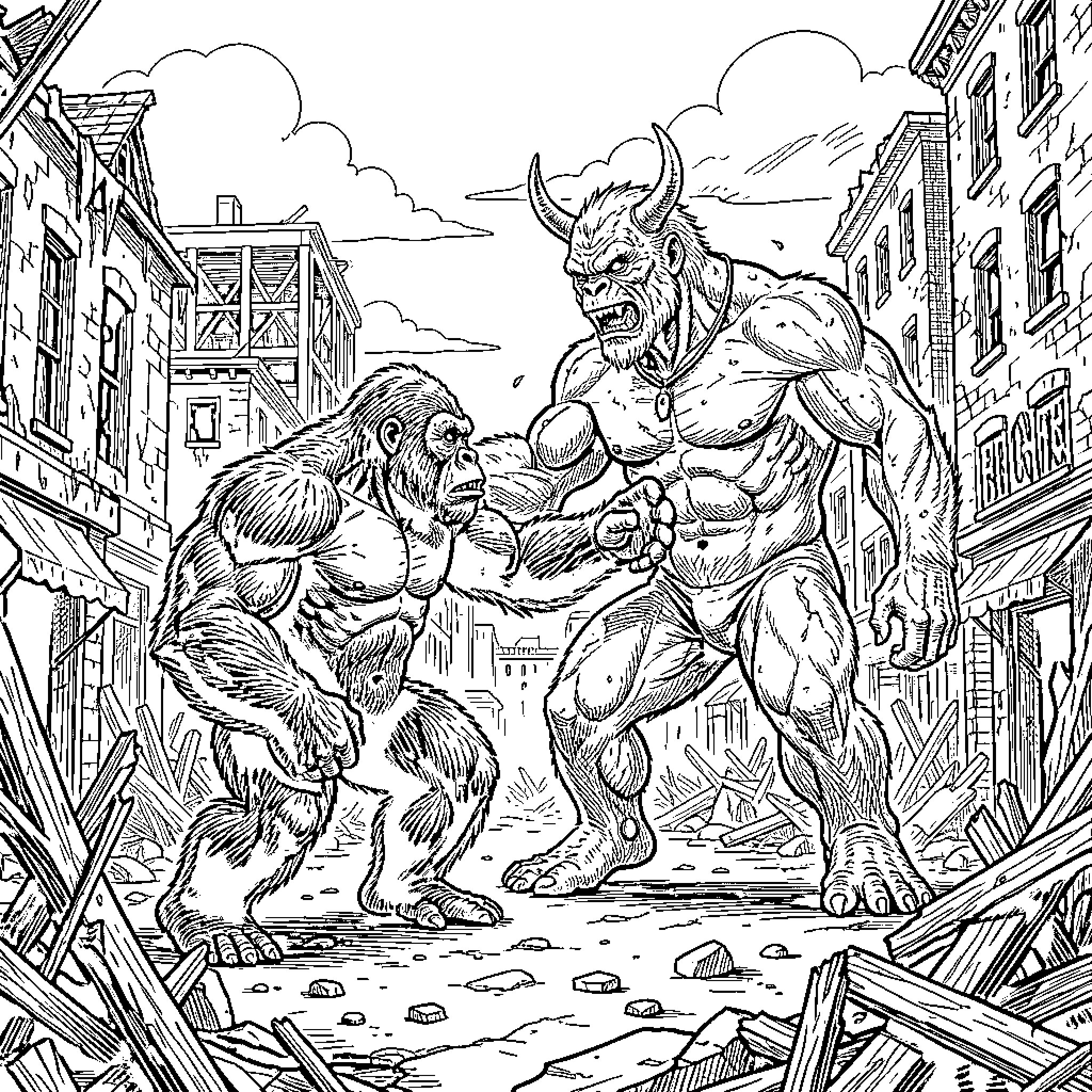 King Kong battling a large horned monster in a city Coloring Page (free black-and-white line drawing printable PDF for all, from beginners to advanced learners, including children, teens, adults, and seniors)