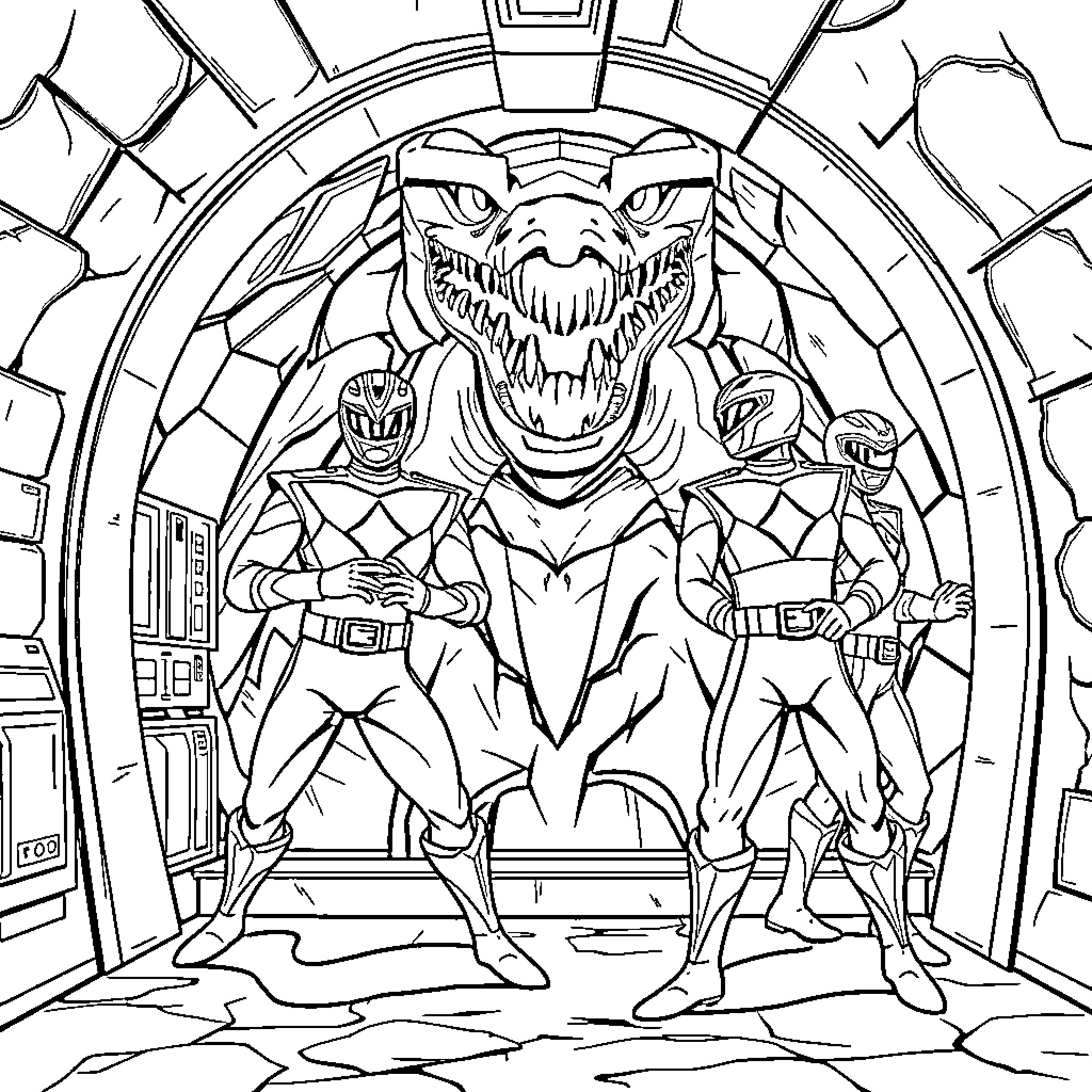 Power Rangers Facing Formidable Villain in Dramatic Showdown Coloring Page (free black-and-white line drawing printable PDF for all, from beginners to advanced learners, including children, teens, adults, and seniors)