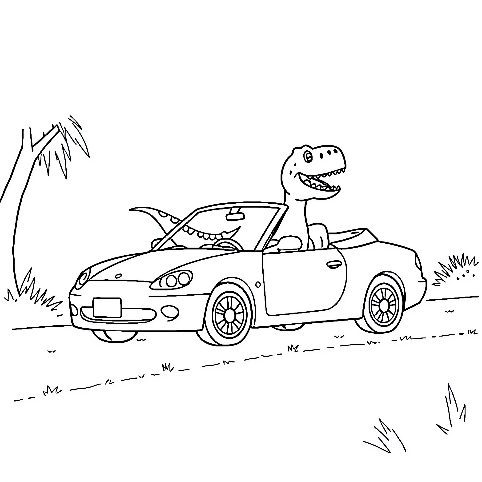 Dinosaur driving a sports car Coloring Page (free black-and-white line drawing printable PDF for all, from beginners to advanced learners, including children, teens, adults, and seniors)