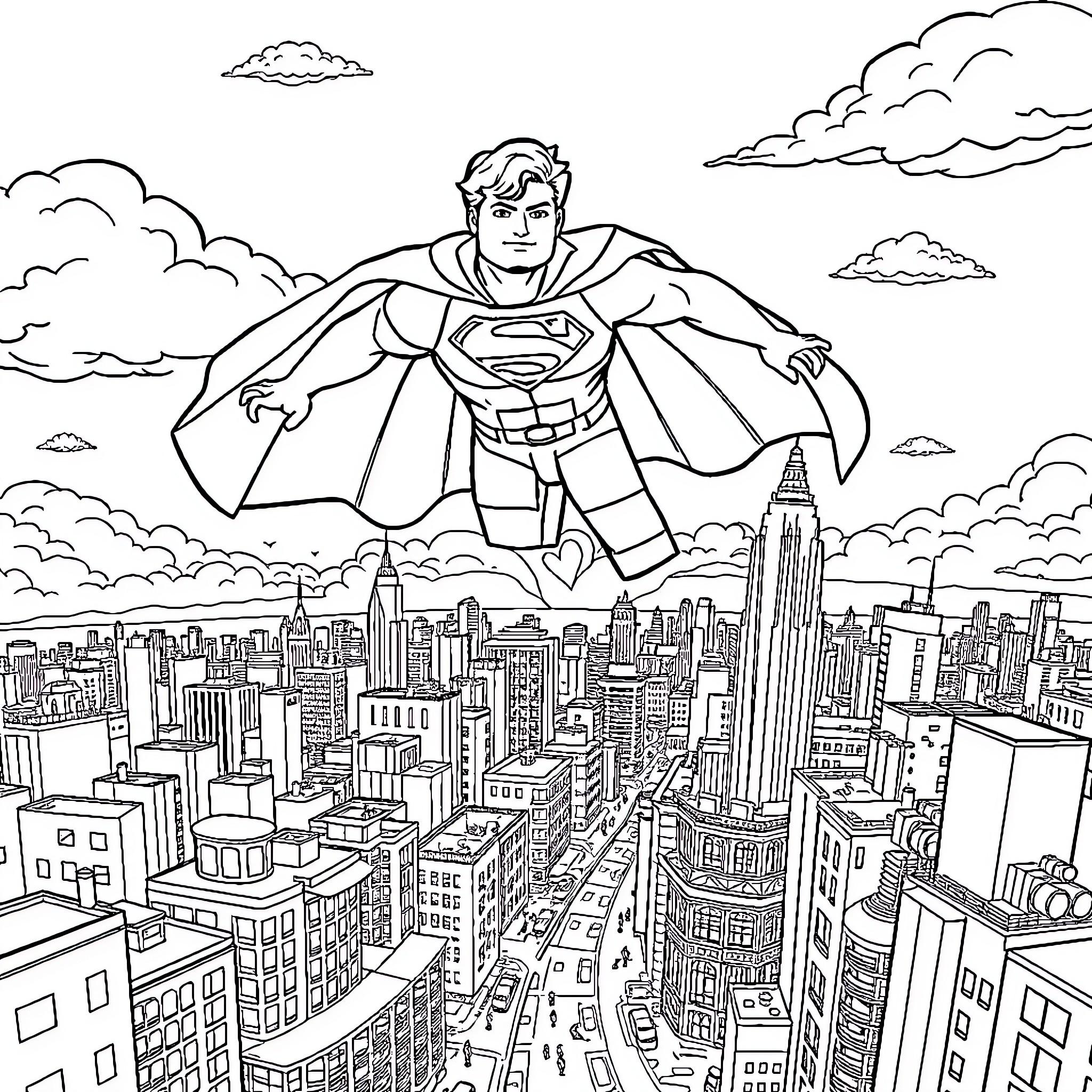 Superman soaring over the city skyline Coloring Page (free black-and-white line drawing printable PDF for all, from beginners to advanced learners, including children, teens, adults, and seniors)