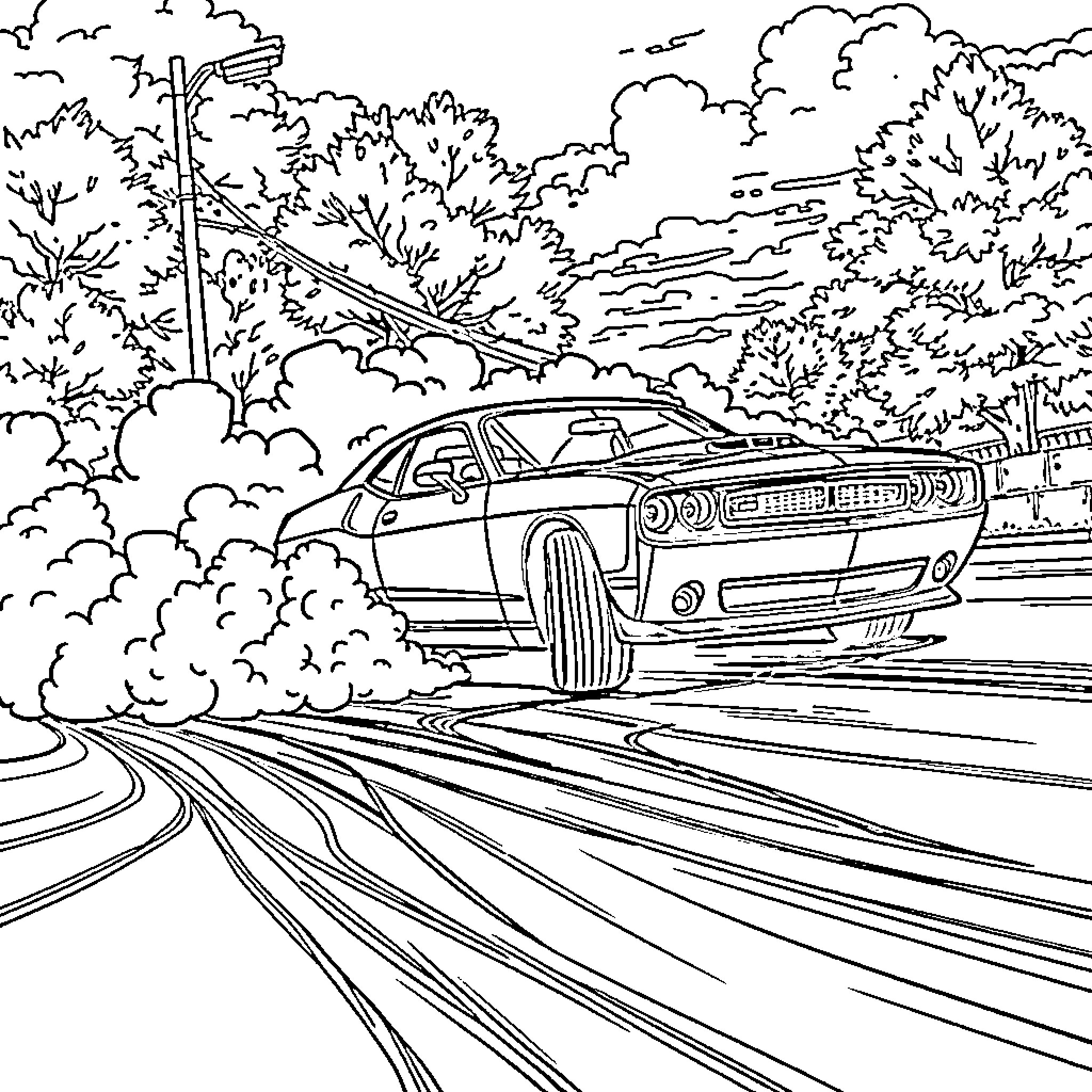 Bluey's High-Speed Adventure in the Woods Coloring Page (free black-and-white line drawing printable PDF for all, from beginners to advanced learners, including children, teens, adults, and seniors)