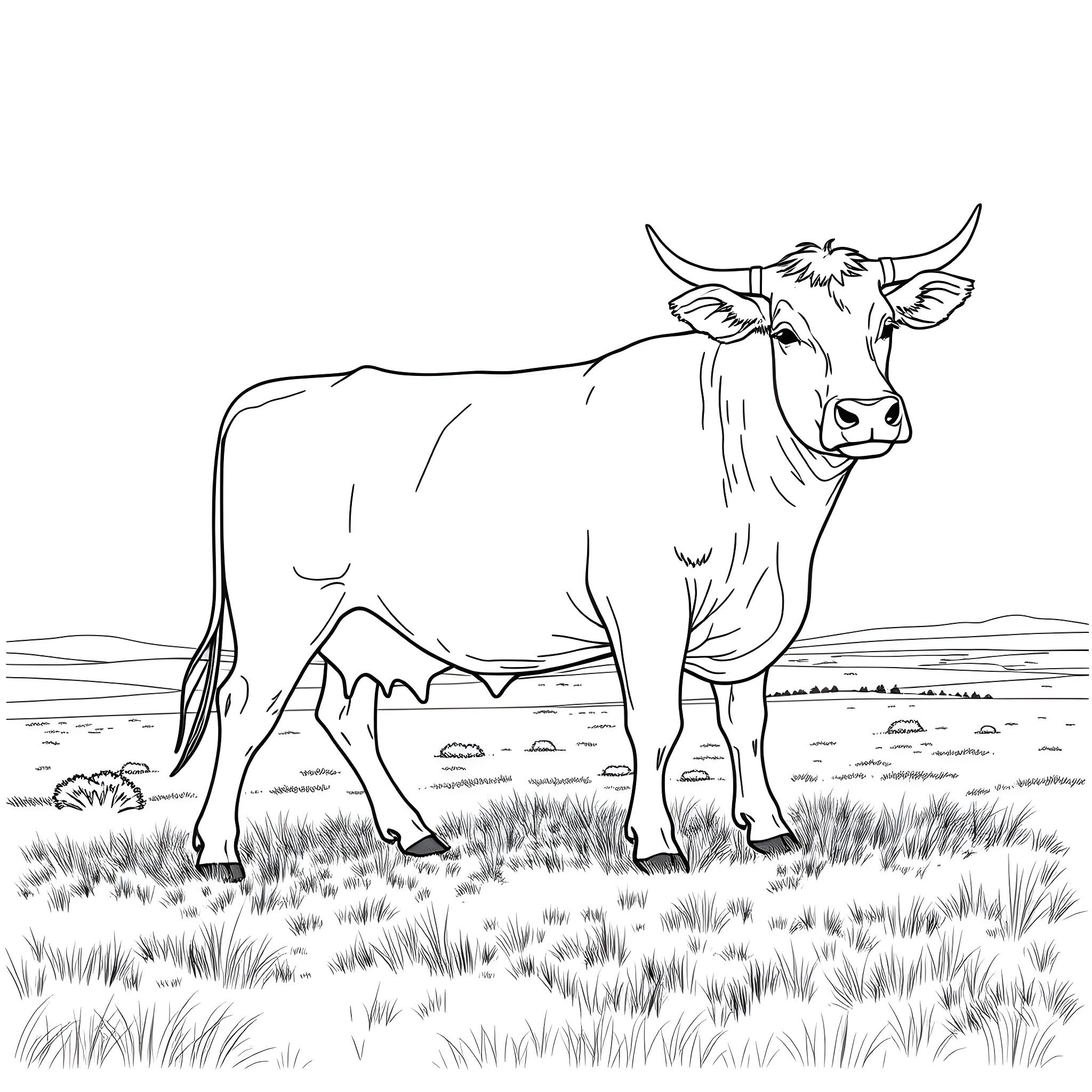 Cow standing in the field Coloring Page (free black-and-white line drawing printable PDF for all, from beginners to advanced learners, including children, teens, adults, and seniors)