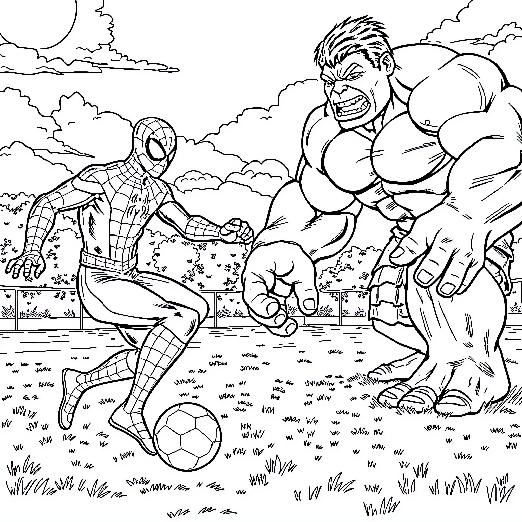 Spider-Man facing off against the Hulk in an outdoor match Coloring Page (free black-and-white line drawing printable PDF for all, from beginners to advanced learners, including children, teens, adults, and seniors)