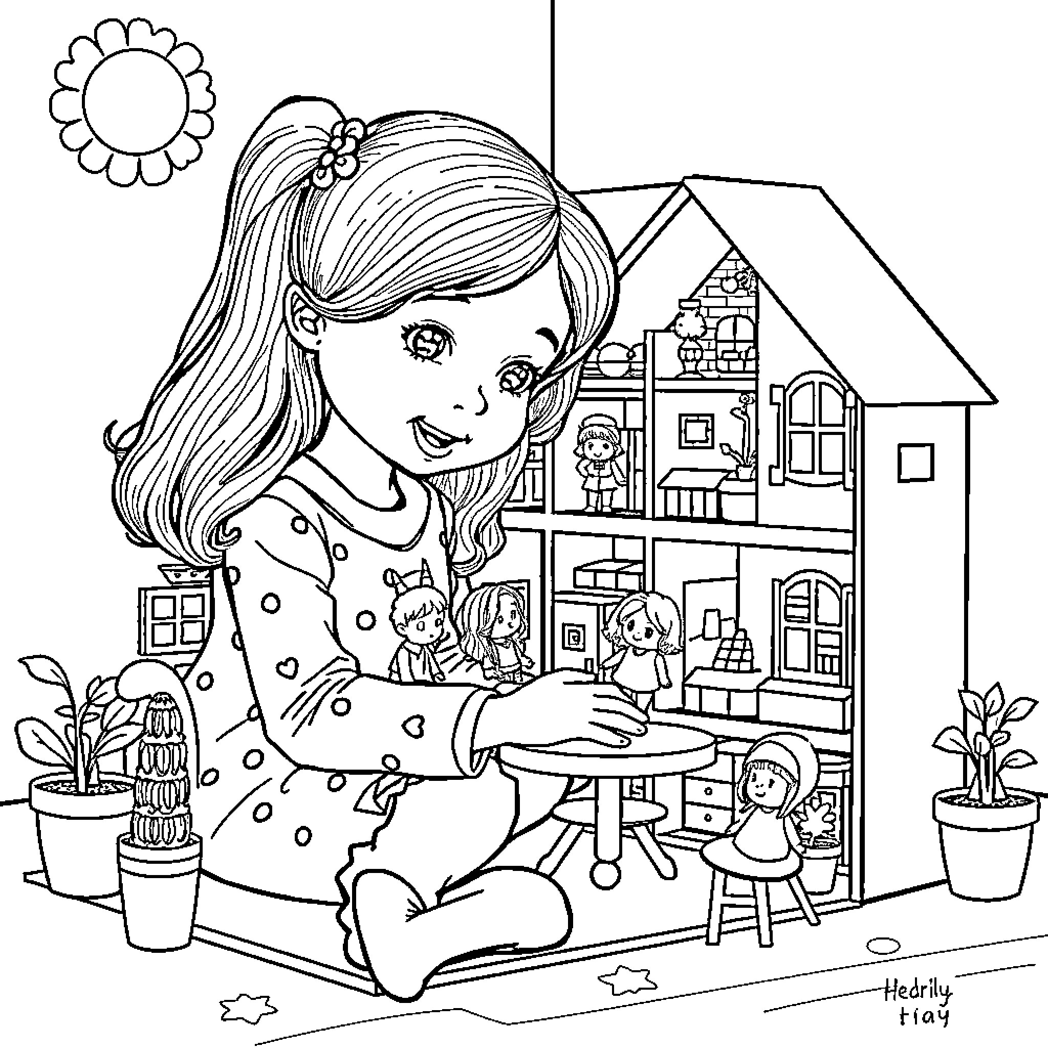 Gaby Imagines a Whimsical Dollhouse Adventure Coloring Page (free black-and-white line drawing printable PDF for all, from beginners to advanced learners, including children, teens, adults, and seniors)