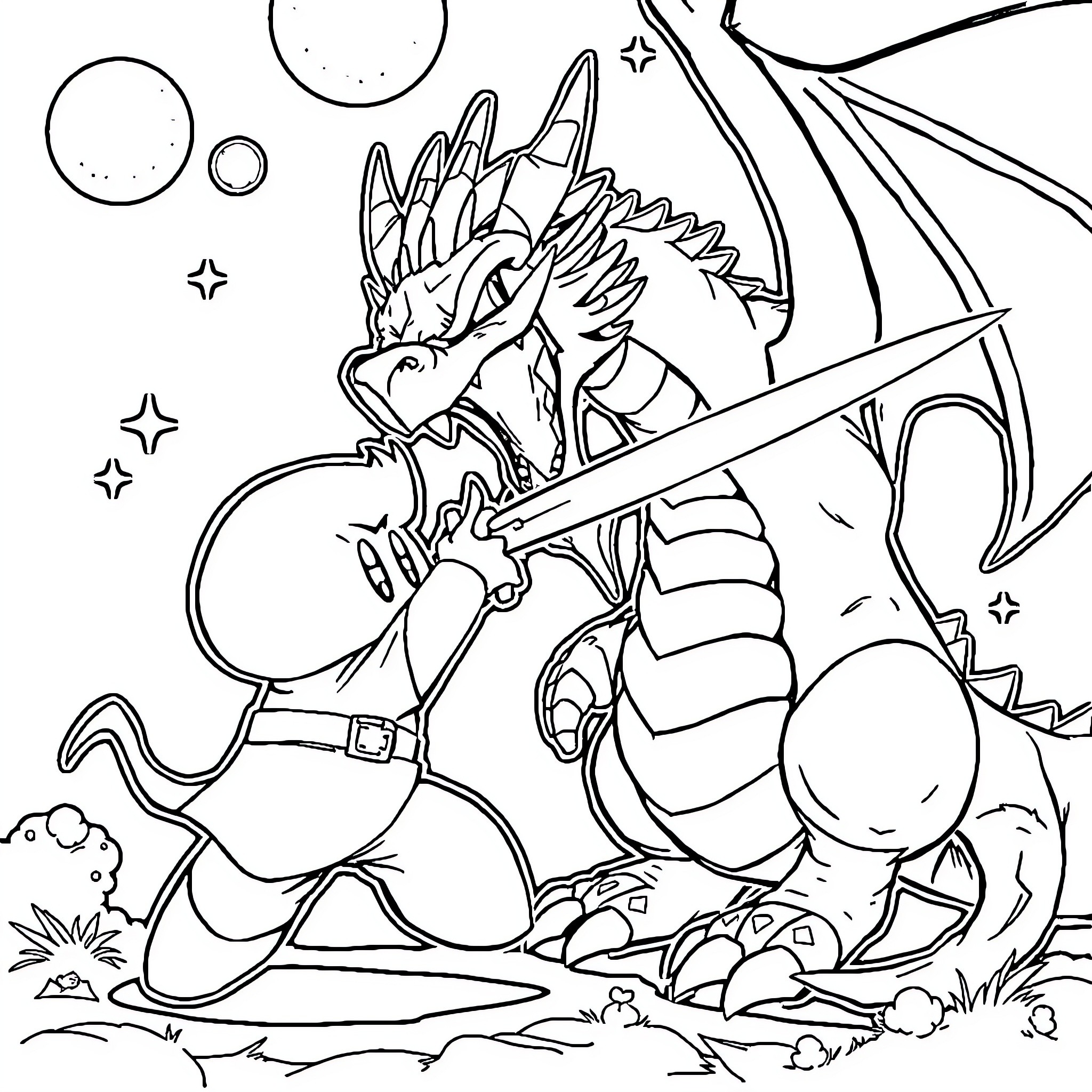 Kirby Battles a Fierce Dragon in a Fantastical Landscape Coloring Page (free black-and-white line drawing printable PDF for all, from beginners to advanced learners, including children, teens, adults, and seniors)