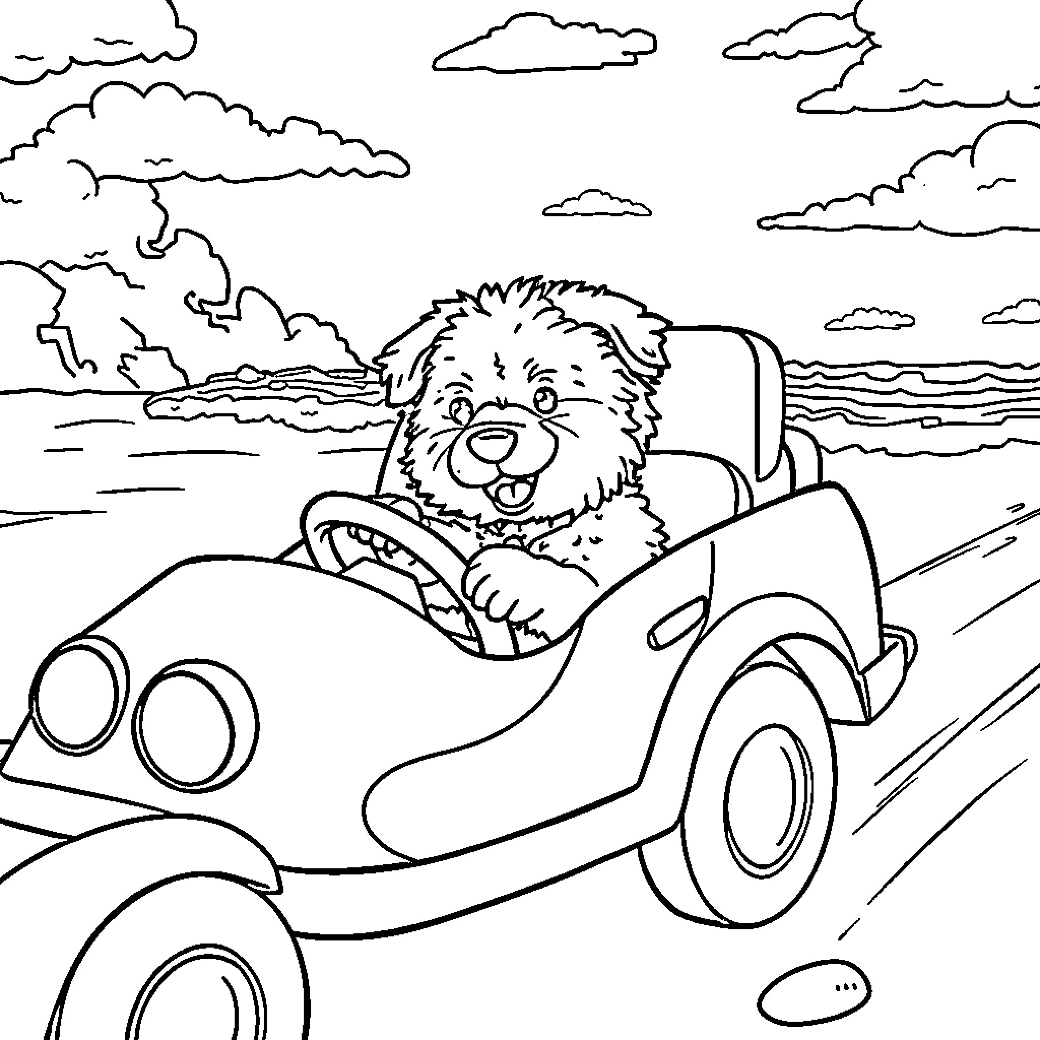 Dog driving a car on a country road Coloring Page (free black-and-white line drawing printable PDF for all, from beginners to advanced learners, including children, teens, adults, and seniors)