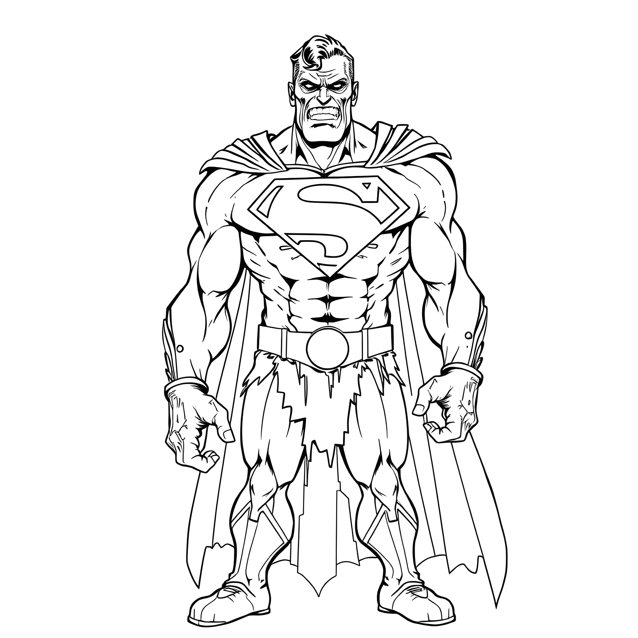 Bizarro Superman in fierce battle stance Coloring Page (free black-and-white line drawing printable PDF for all, from beginners to advanced learners, including children, teens, adults, and seniors)