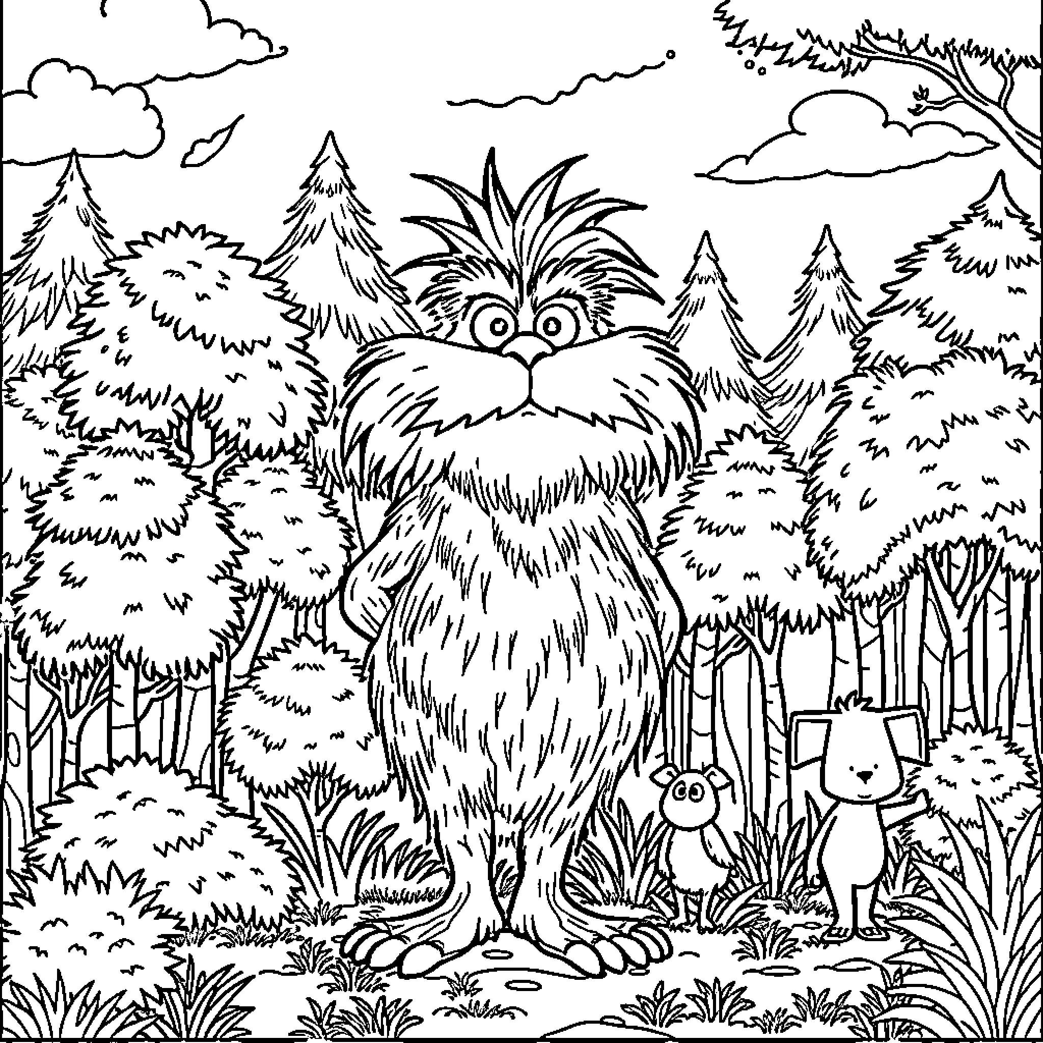 Lorax in the Enchanted Forest with Animals Coloring Page (free black-and-white line drawing printable PDF for all, from beginners to advanced learners, including children, teens, adults, and seniors)