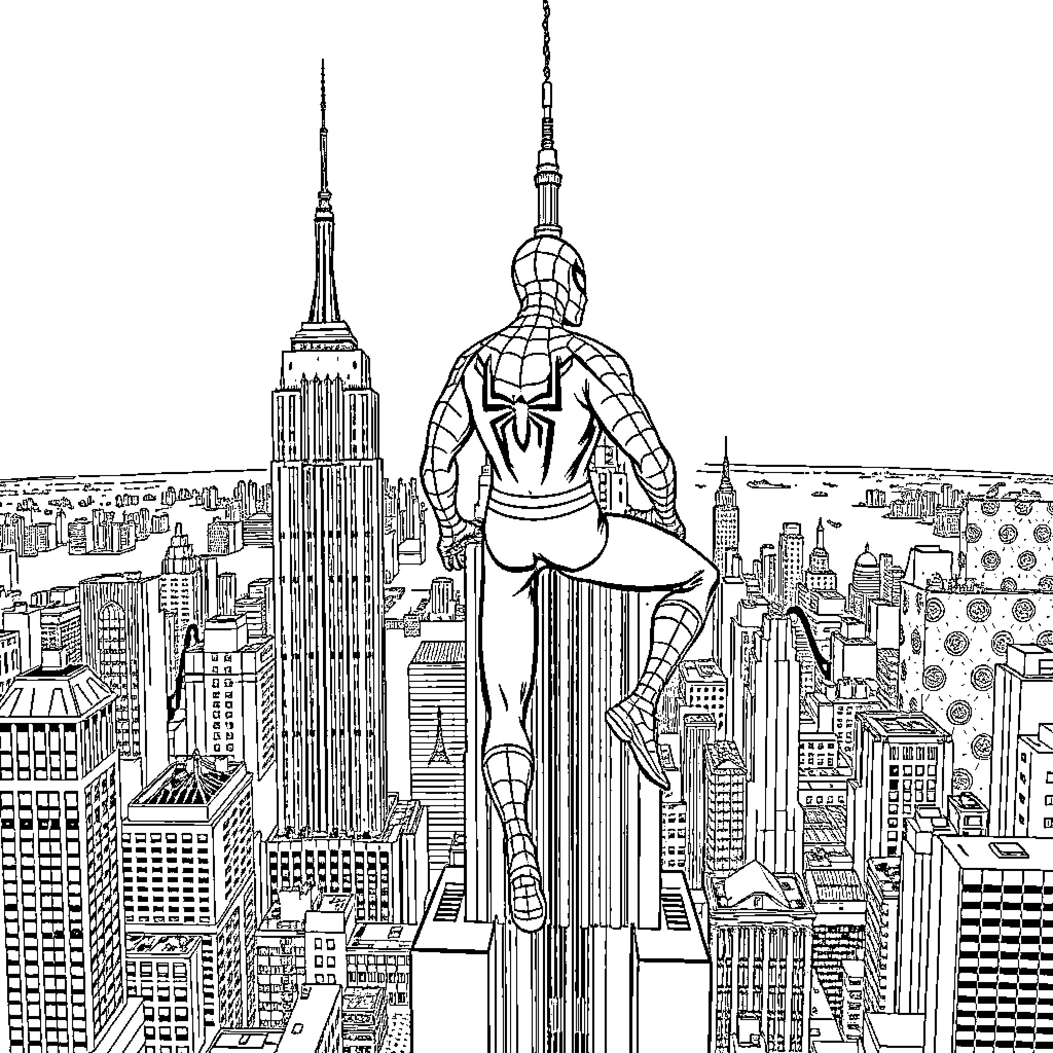 Spiderman soaring above the New York City skyline Coloring Page (free black-and-white line drawing printable PDF for all, from beginners to advanced learners, including children, teens, adults, and seniors)