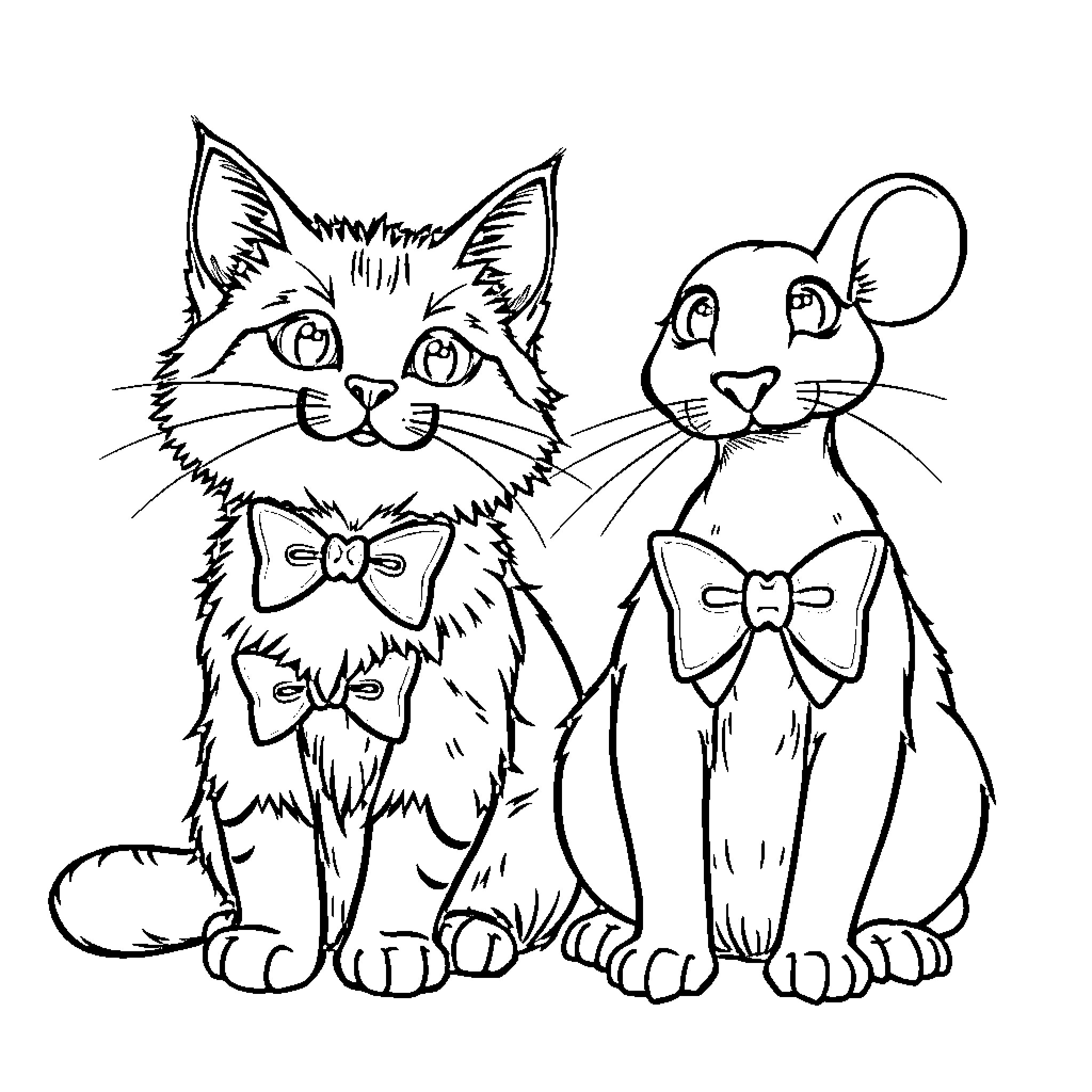 Cat and Mouse in Bow Ties Coloring Page (free black-and-white line drawing printable PDF for all, from beginners to advanced learners, including children, teens, adults, and seniors)