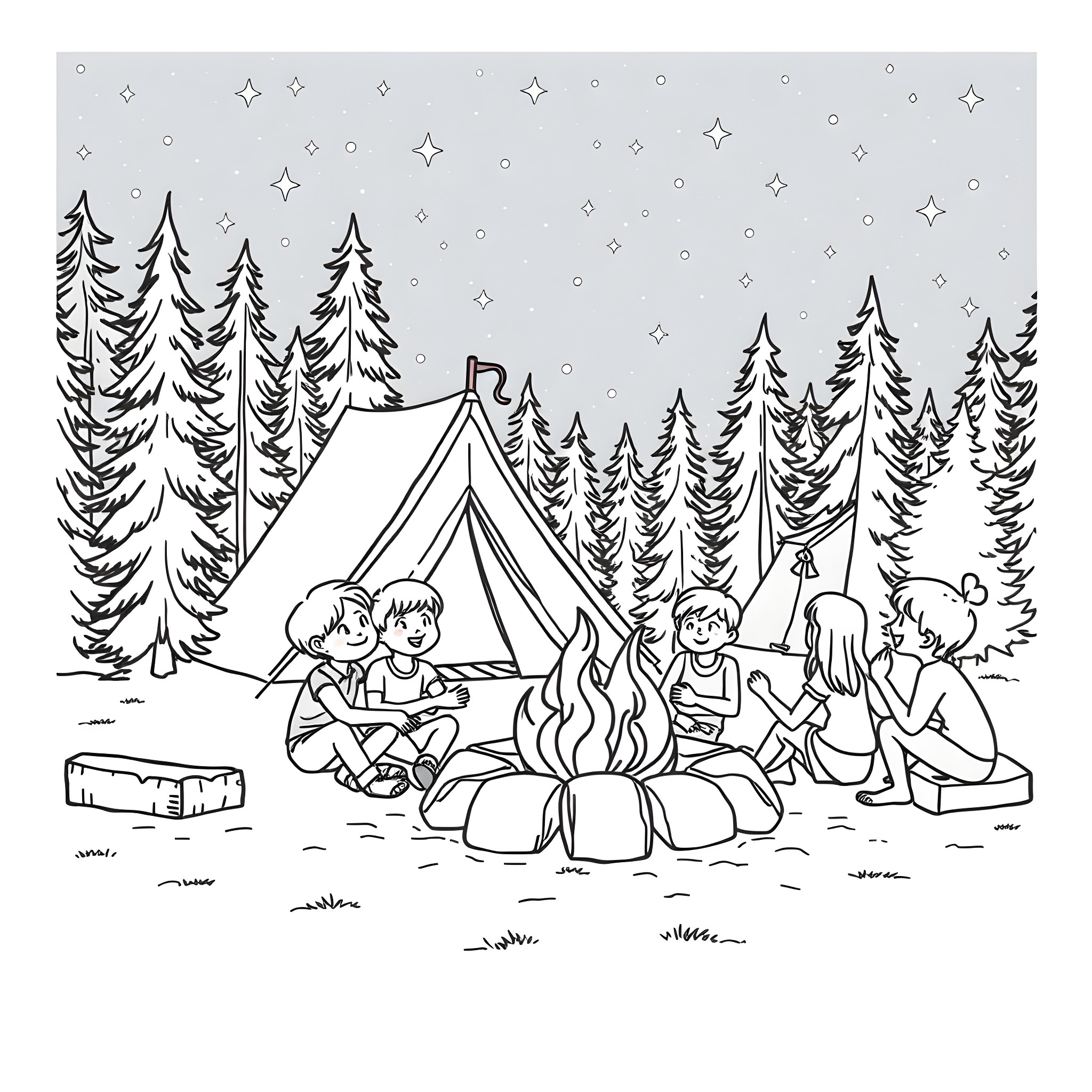 Cousin's camping adventure in the snowy forest Coloring Page (free black-and-white line drawing printable PDF for all, from beginners to advanced learners, including children, teens, adults, and seniors)