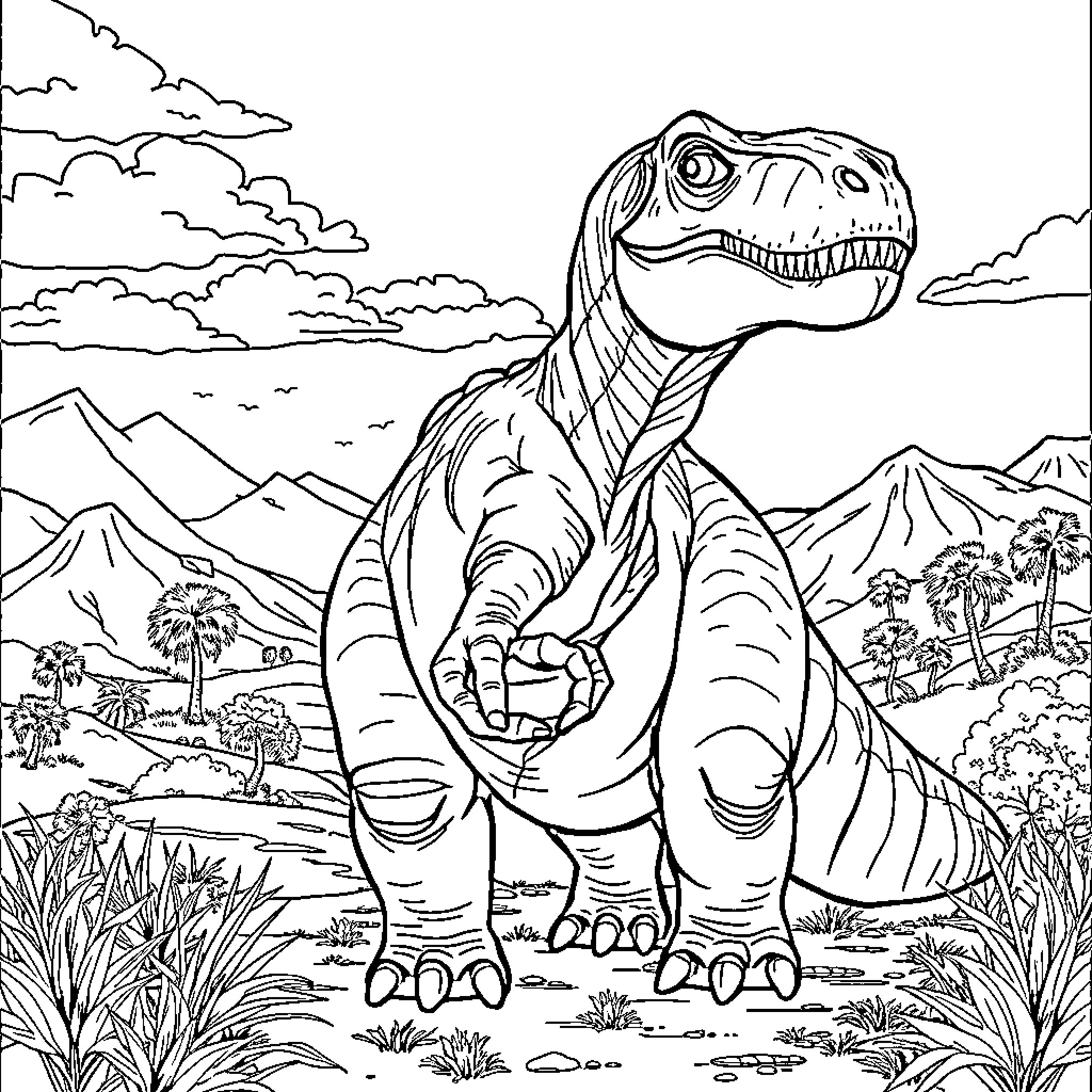 Dinosaur roaming in prehistoric landscape Coloring Page (free black-and-white line drawing printable PDF for all, from beginners to advanced learners, including children, teens, adults, and seniors)