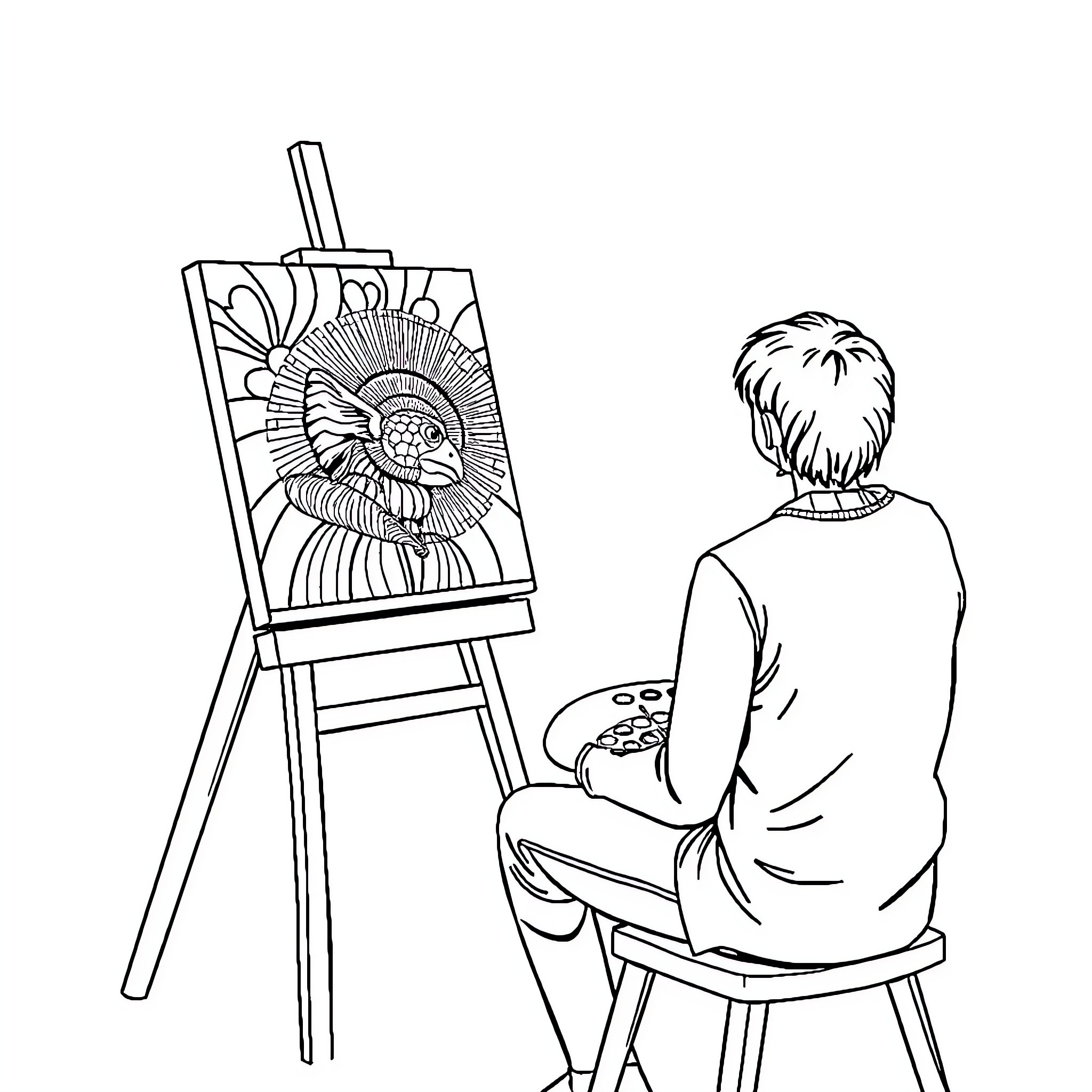 Person painting intricate design on canvas Coloring Page (free black-and-white line drawing printable PDF for all, from beginners to advanced learners, including children, teens, adults, and seniors)