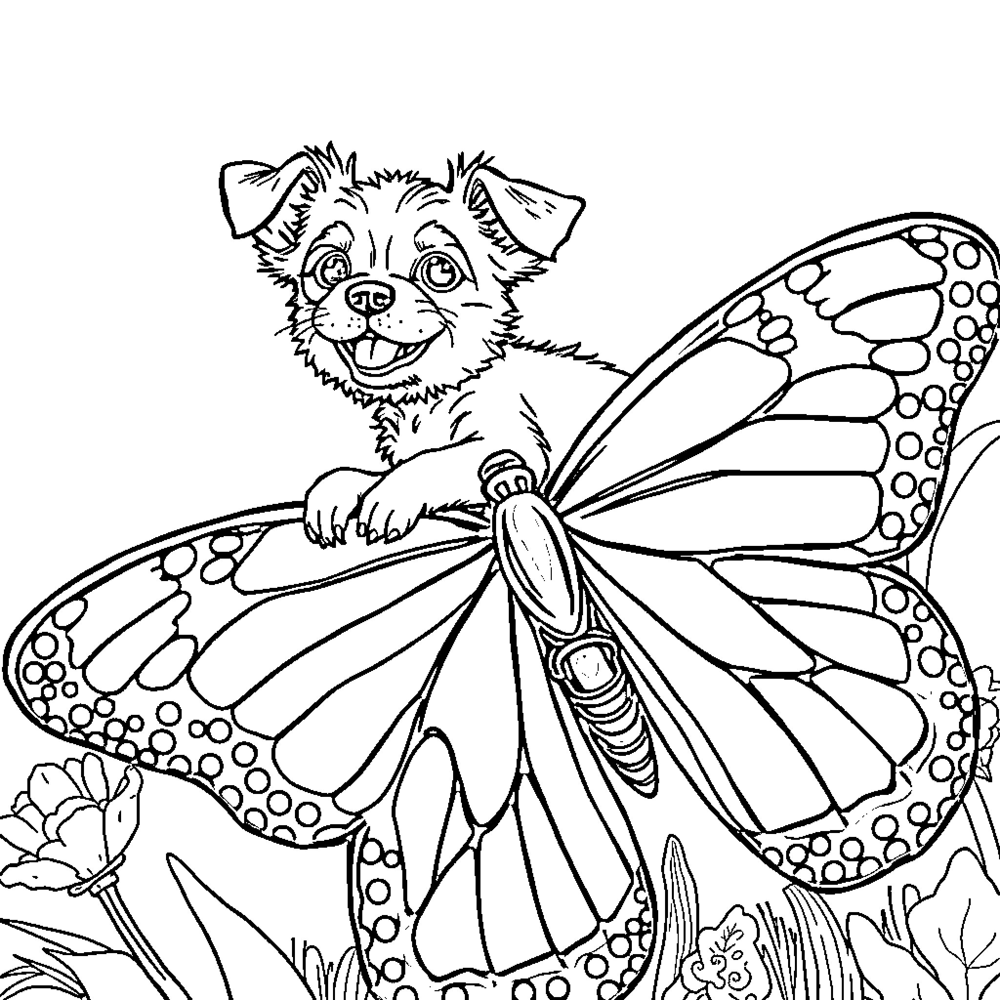 Dog with Butterfly Wings Exploring Nature Coloring Page (free black-and-white line drawing printable PDF for all, from beginners to advanced learners, including children, teens, adults, and seniors)
