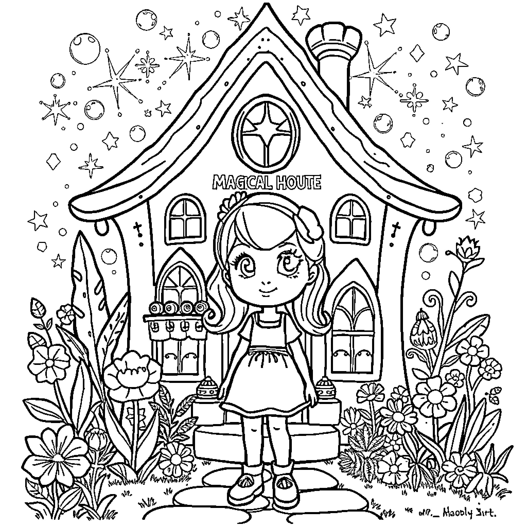 Gabby's Magical Cottage with Whimsical Decor Coloring Page (free black-and-white line drawing printable PDF for all, from beginners to advanced learners, including children, teens, adults, and seniors)