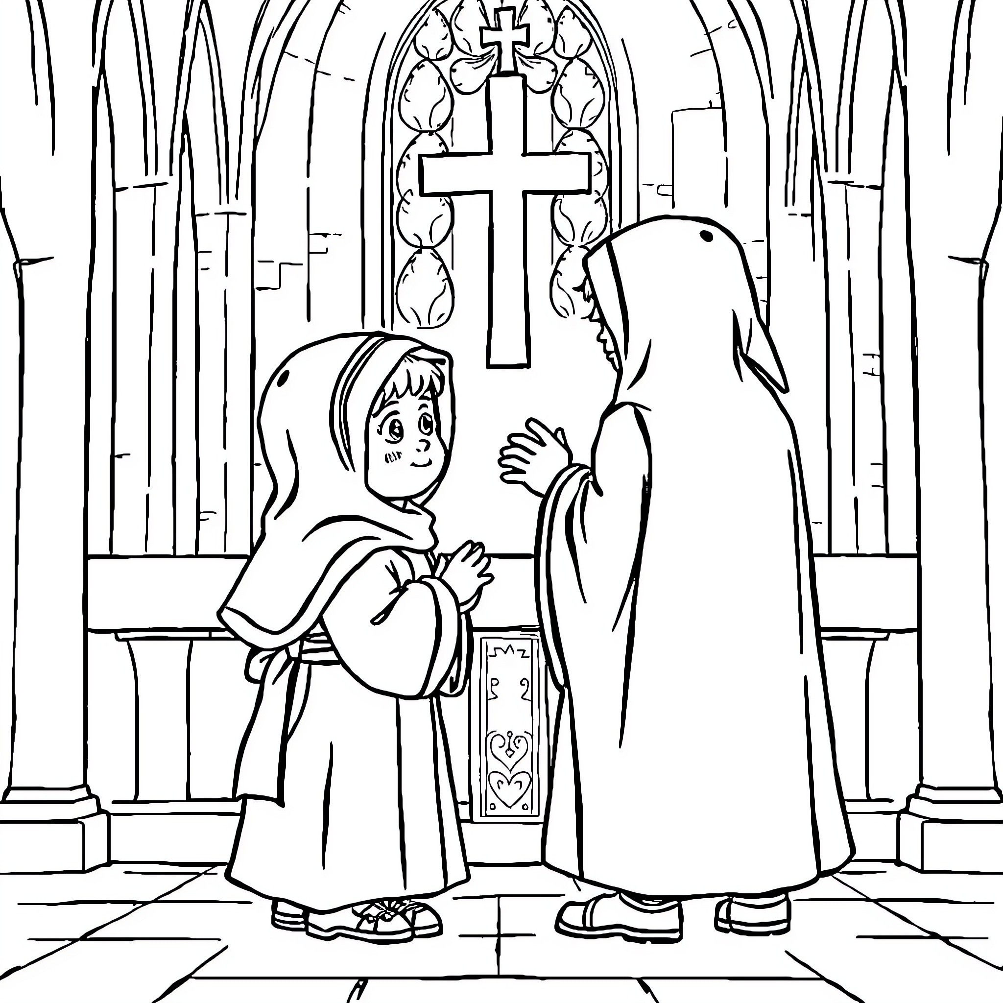 Monaguillos praying in a church Coloring Page (free black-and-white line drawing printable PDF for all, from beginners to advanced learners, including children, teens, adults, and seniors)