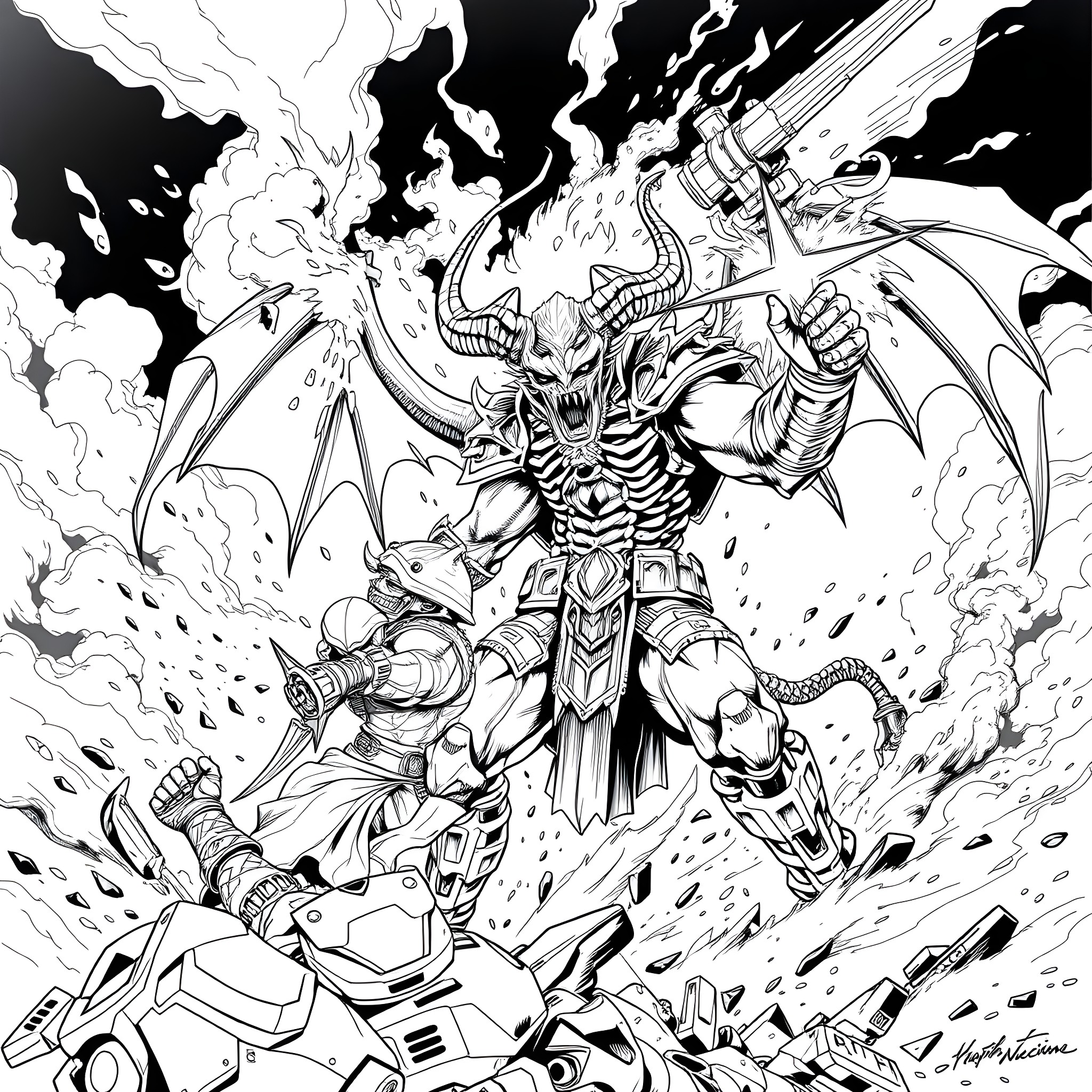 Doom Slayer's Apocalyptic Rampage Coloring Page (free black-and-white line drawing printable PDF for all, from beginners to advanced learners, including children, teens, adults, and seniors)