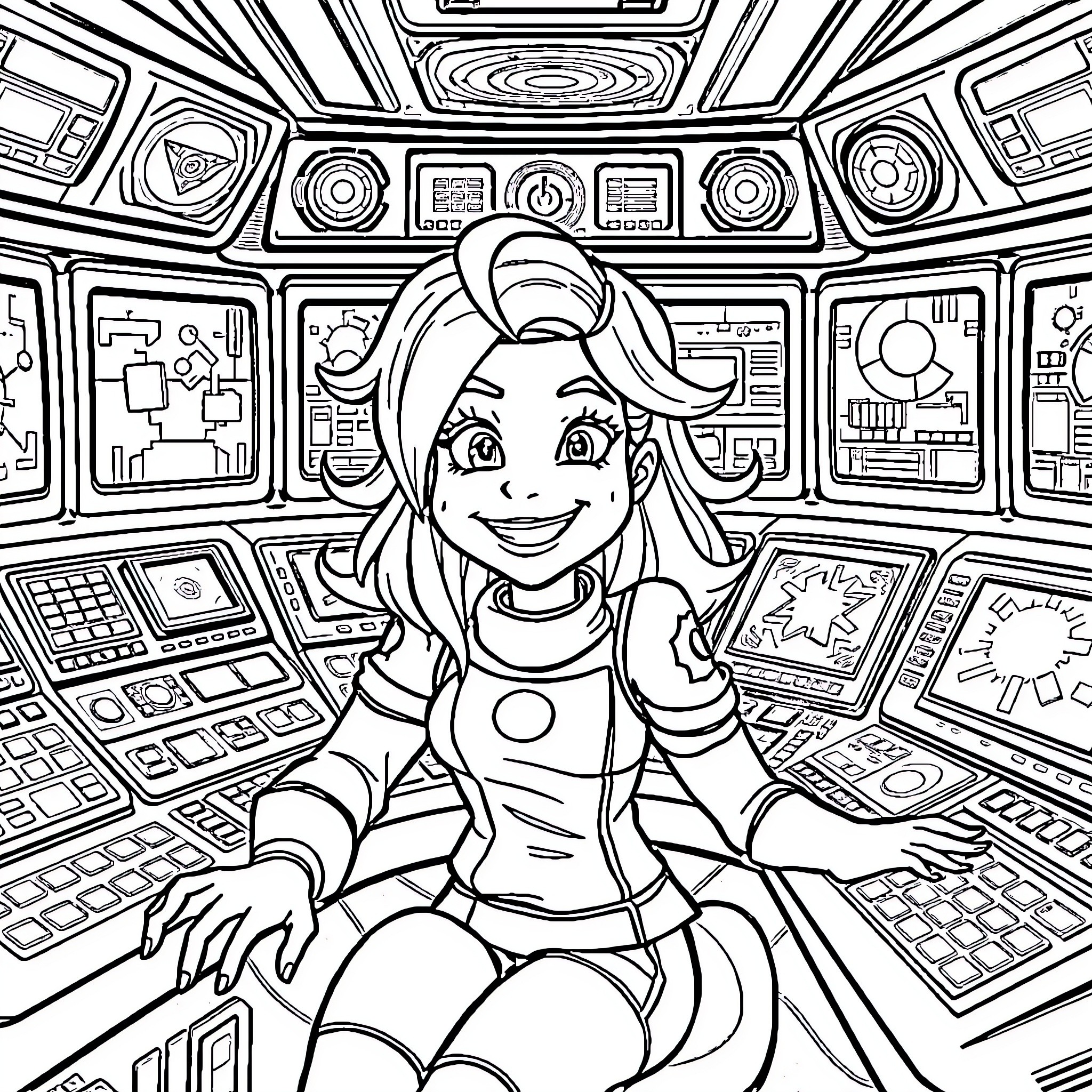 Agnes Tachyon's Futuristic Control Room Adventures Coloring Page (free black-and-white line drawing printable PDF for all, from beginners to advanced learners, including children, teens, adults, and seniors)
