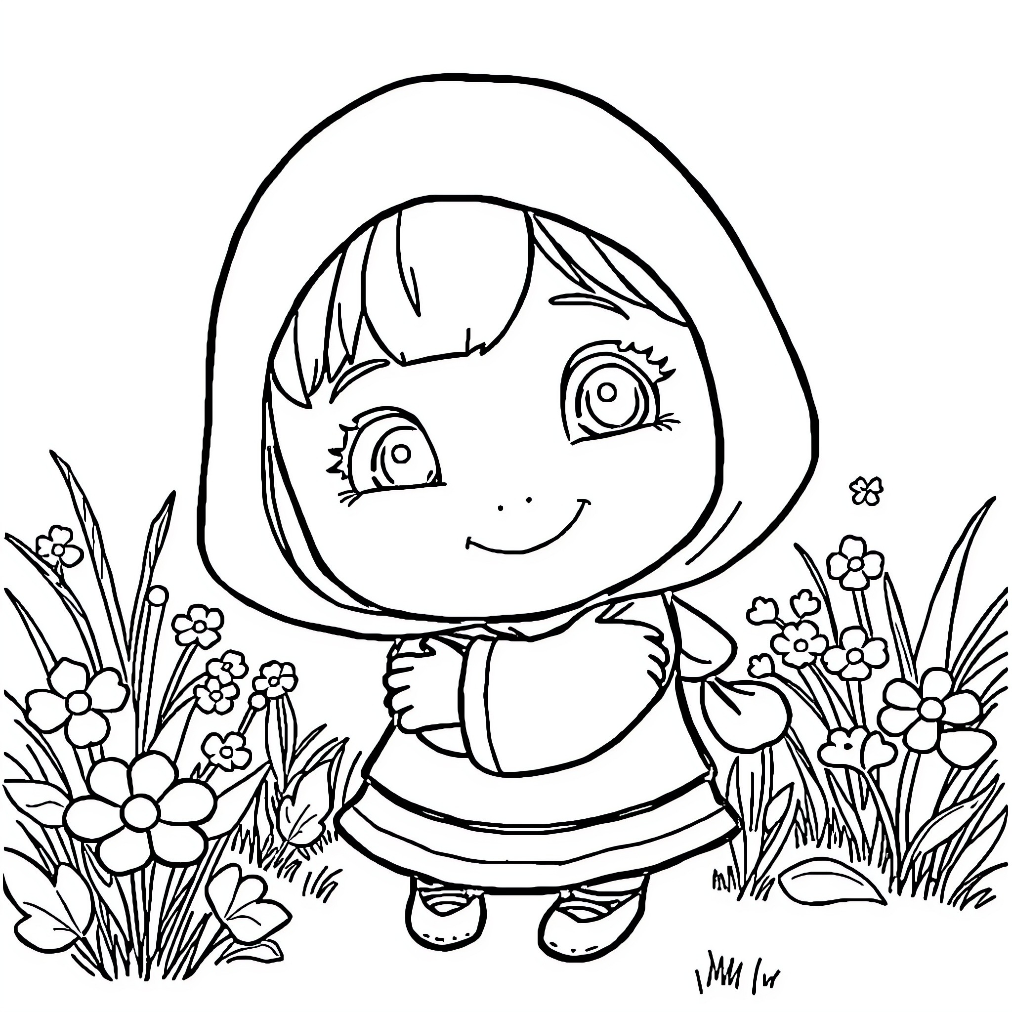 Masha playing happily in the garden Coloring Page (free black-and-white line drawing printable PDF for all, from beginners to advanced learners, including children, teens, adults, and seniors)
