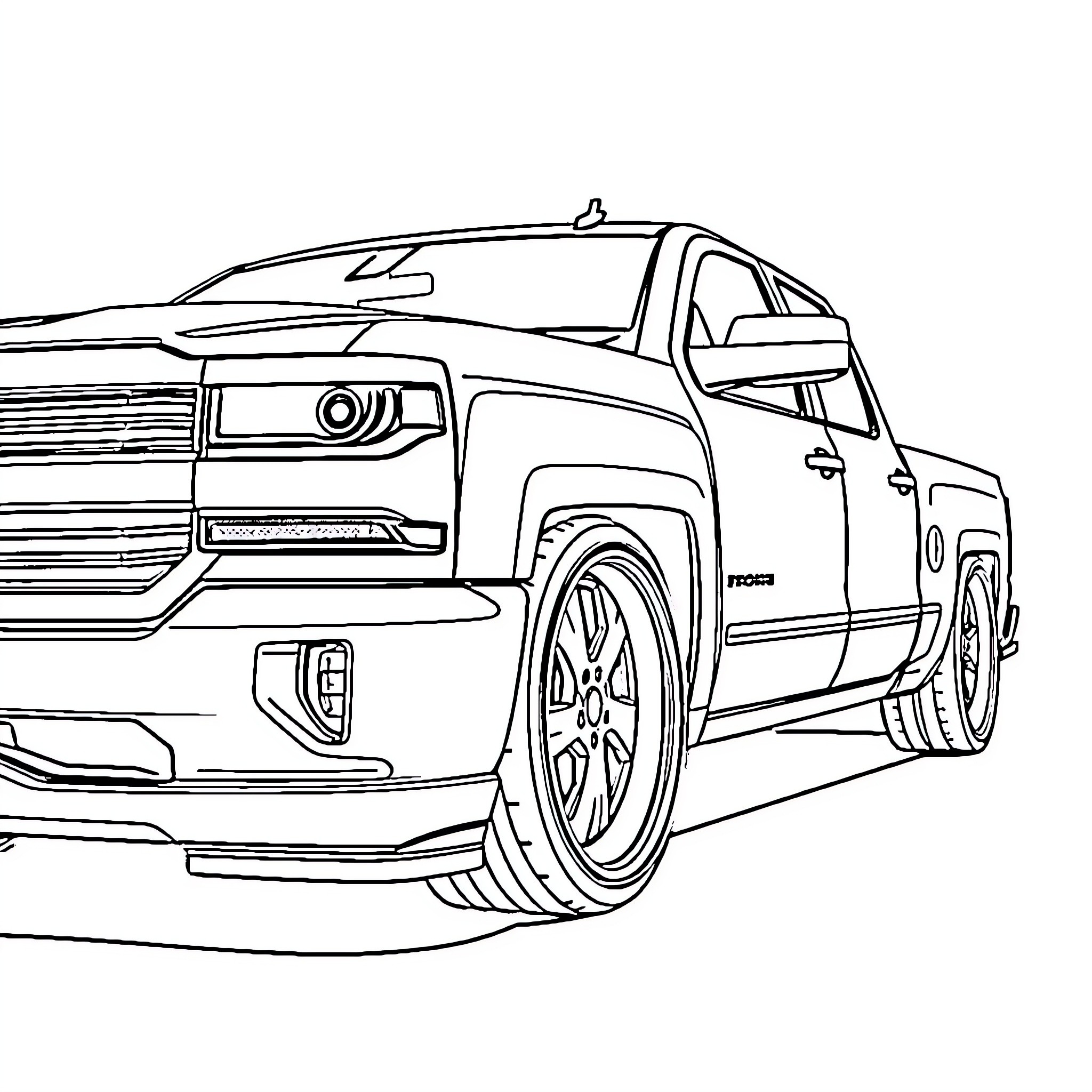 Silverado Truck's Sleek Design and Powerful Presence Coloring Page (free black-and-white line drawing printable PDF for all, from beginners to advanced learners, including children, teens, adults, and seniors)