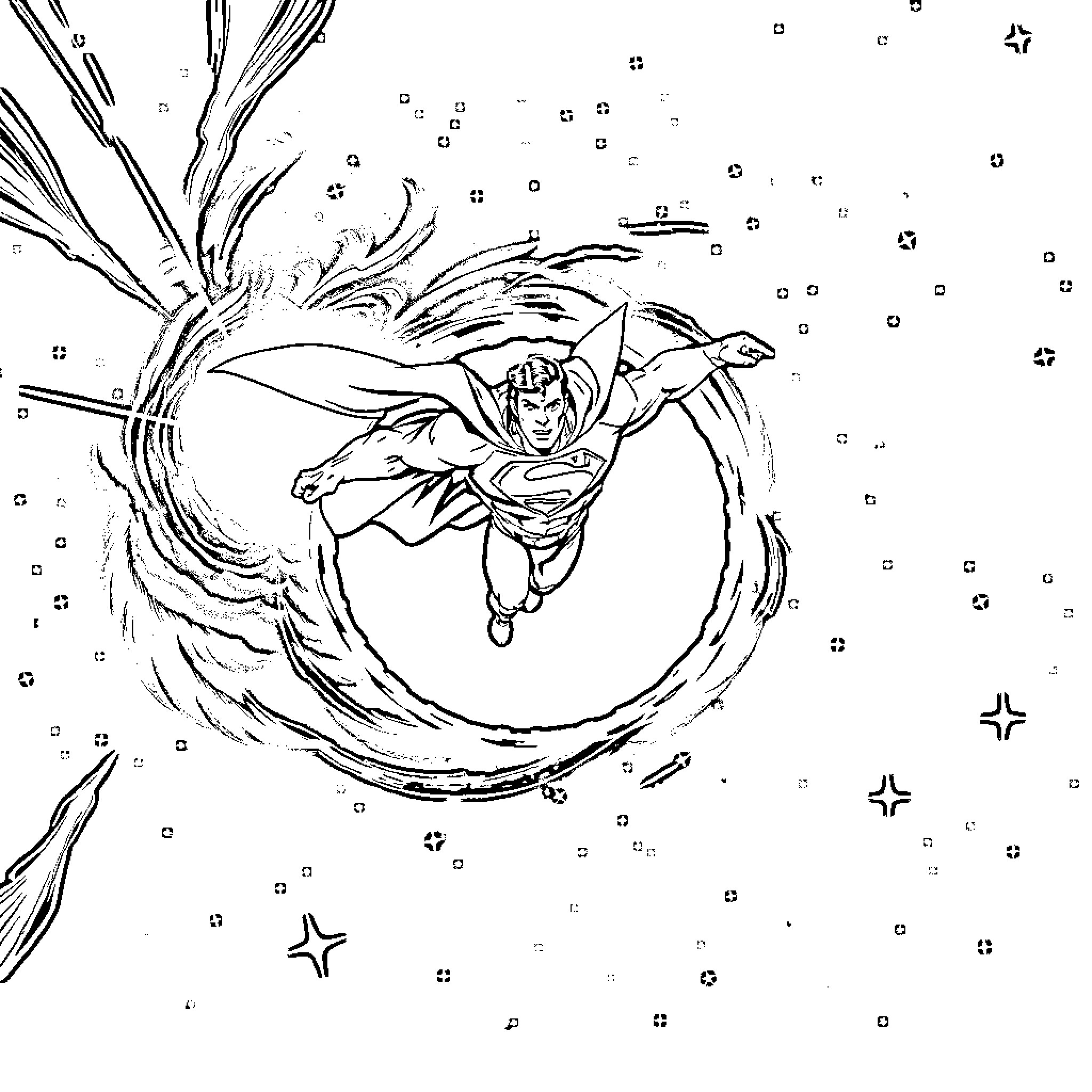 Superman flying through cosmic energy field Coloring Page (free black-and-white line drawing printable PDF for all, from beginners to advanced learners, including children, teens, adults, and seniors)