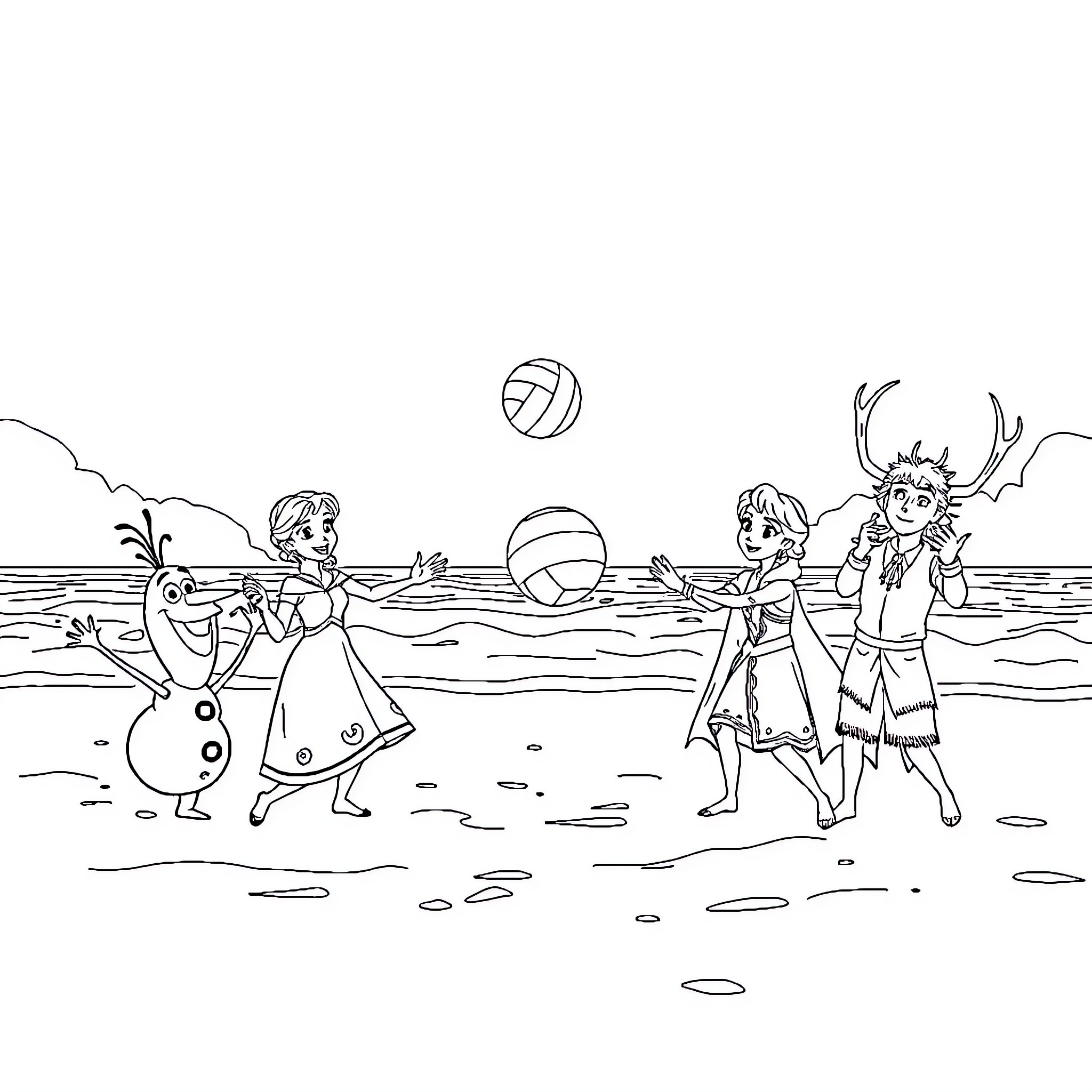 Frozen Characters Playing on the Beach Coloring Page (free black-and-white line drawing printable PDF for all, from beginners to advanced learners, including children, teens, adults, and seniors)