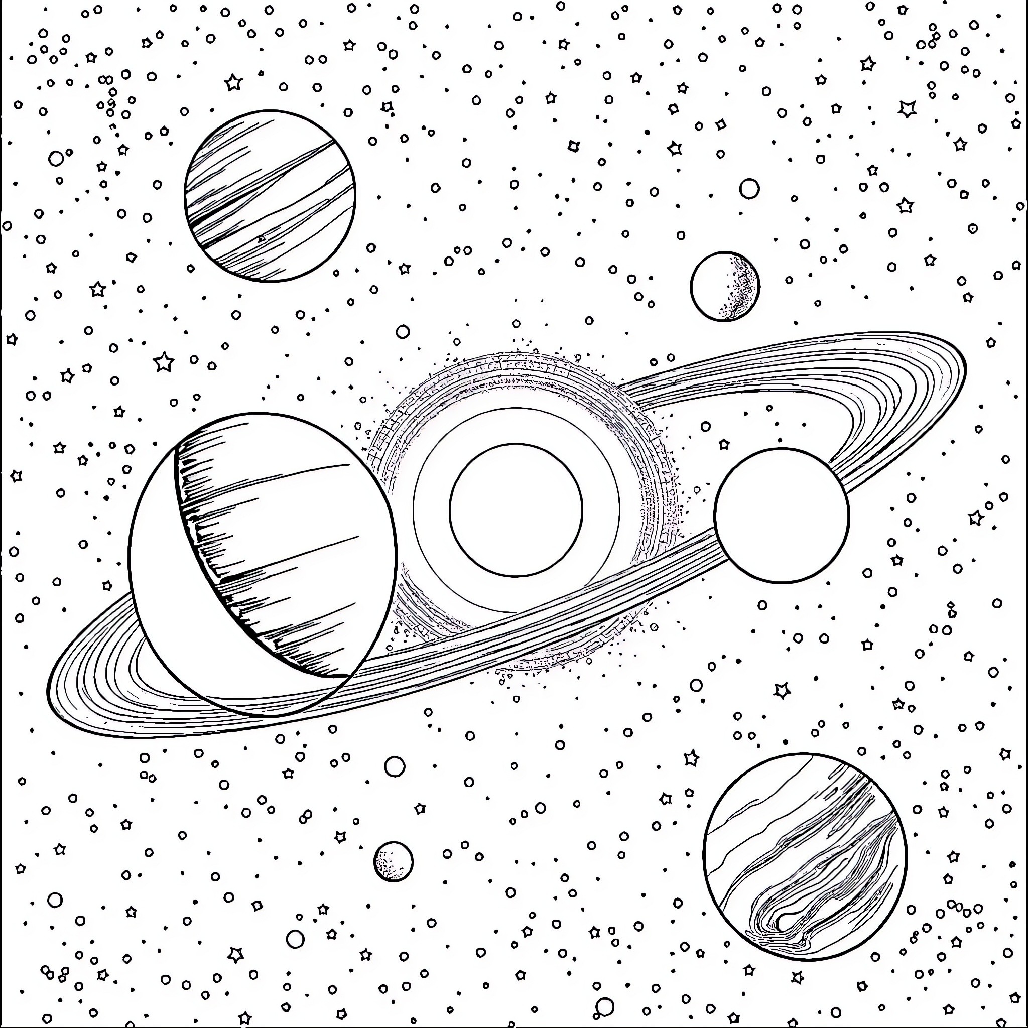 Solar System Exploration in Cosmic Space Coloring Page (free black-and-white line drawing printable PDF for all, from beginners to advanced learners, including children, teens, adults, and seniors)