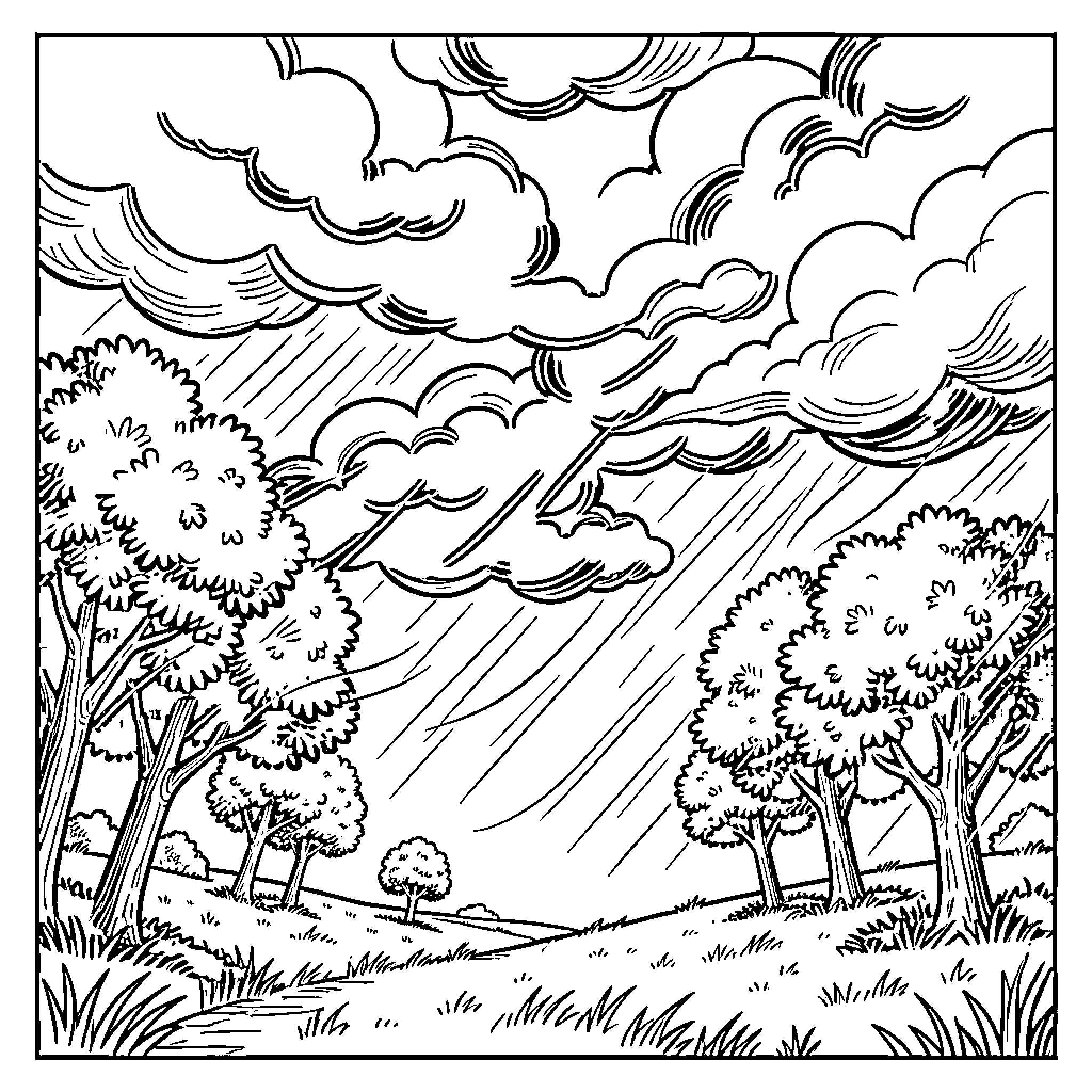 Weather stormy clouds and rain in the forest Coloring Page (free black-and-white line drawing printable PDF for all, from beginners to advanced learners, including children, teens, adults, and seniors)