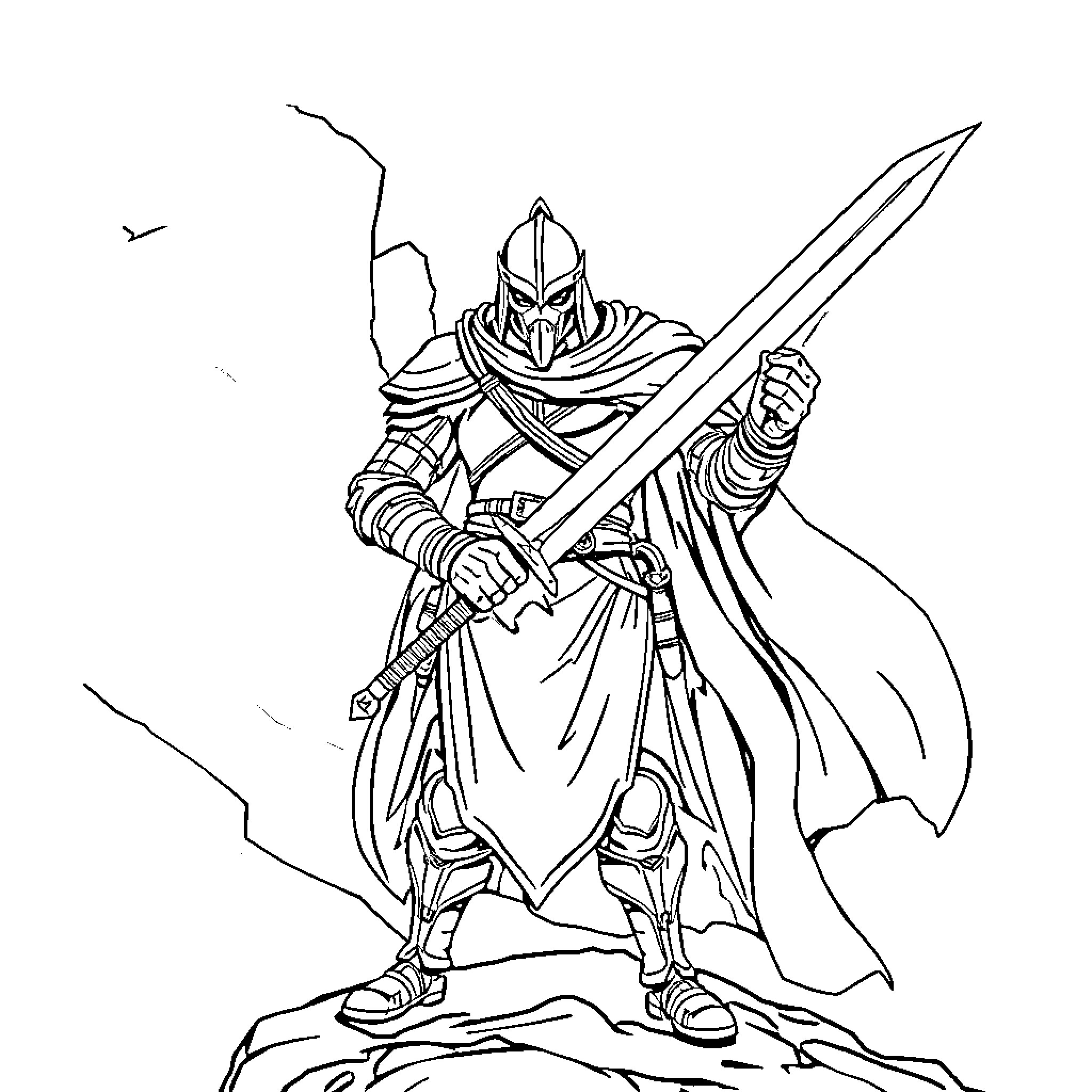 Artorias the Abysswalker wielding a sword Coloring Page (free black-and-white line drawing printable PDF for all, from beginners to advanced learners, including children, teens, adults, and seniors)