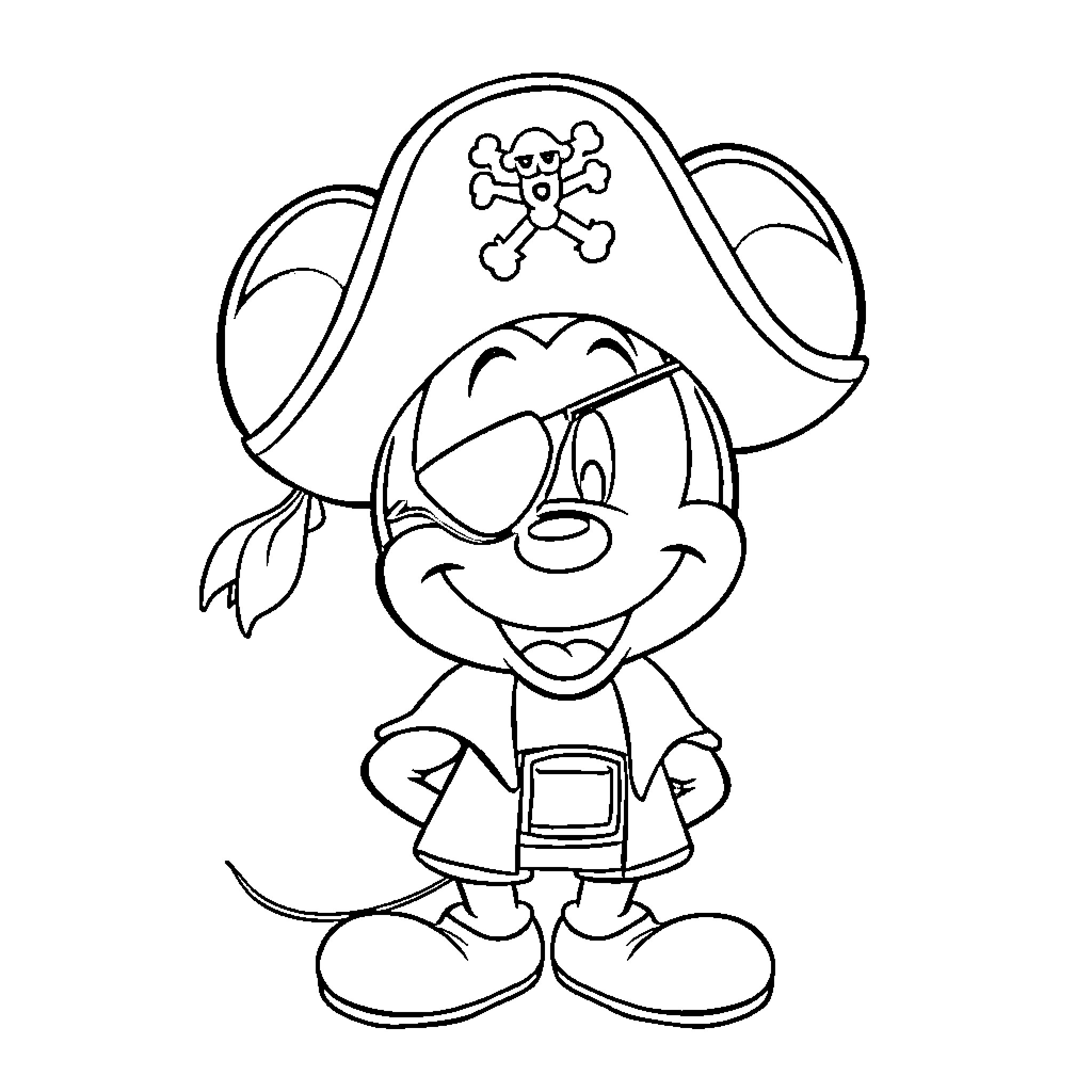 Mickey dressed as a pirate with a skull symbol Coloring Page (free black-and-white line drawing printable PDF for all, from beginners to advanced learners, including children, teens, adults, and seniors)