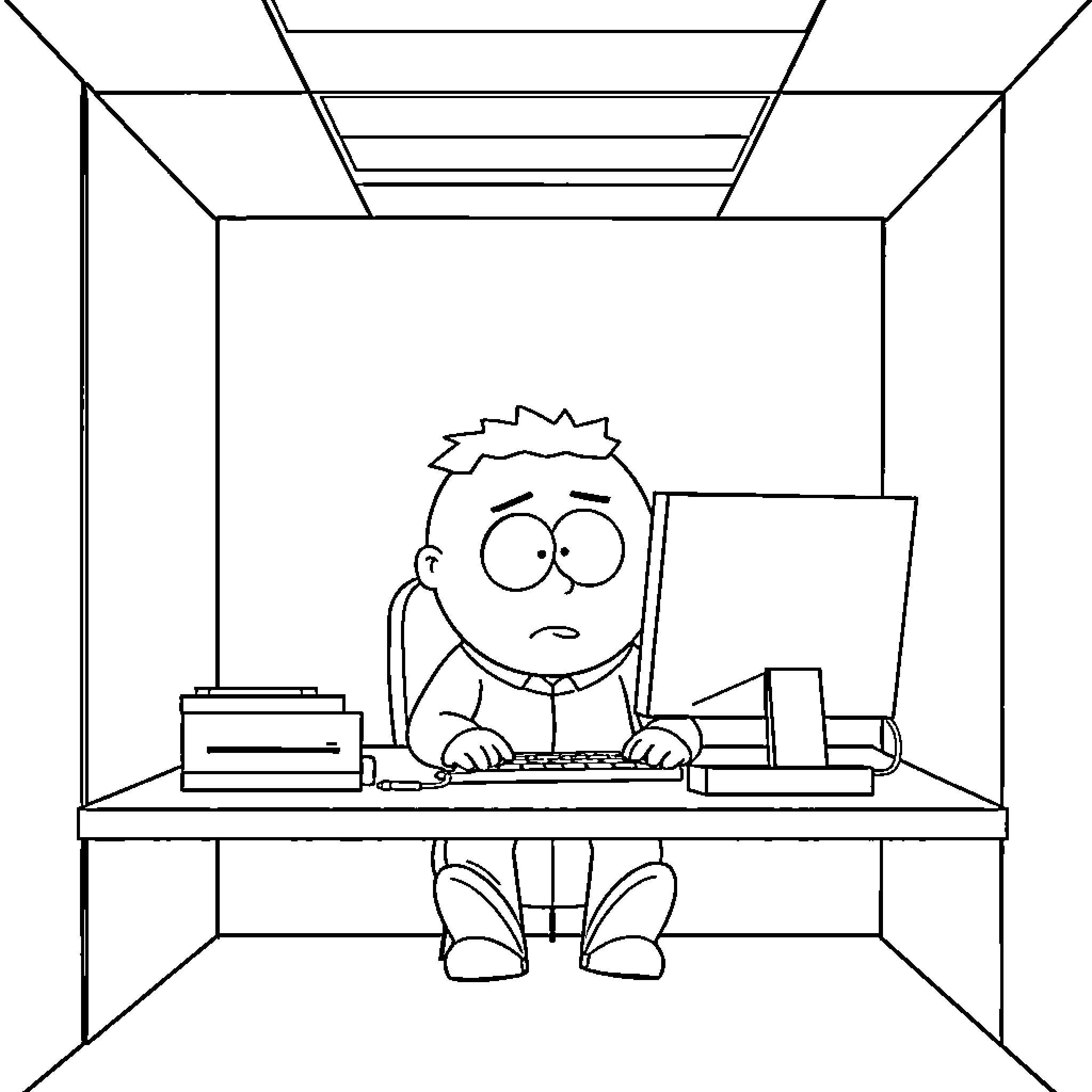 Eric Cartman working at a computer desk Coloring Page (free black-and-white line drawing printable PDF for all, from beginners to advanced learners, including children, teens, adults, and seniors)