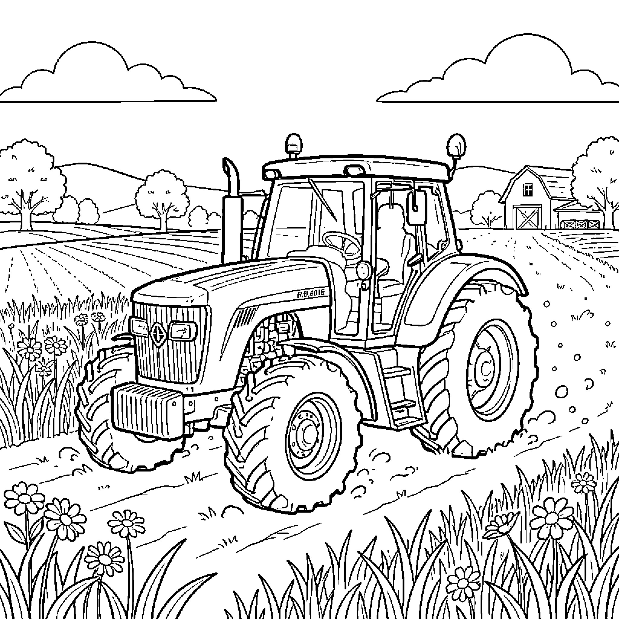 Tractor plowing through scenic rural landscape Coloring Page (free black-and-white line drawing printable PDF for all, from beginners to advanced learners, including children, teens, adults, and seniors)