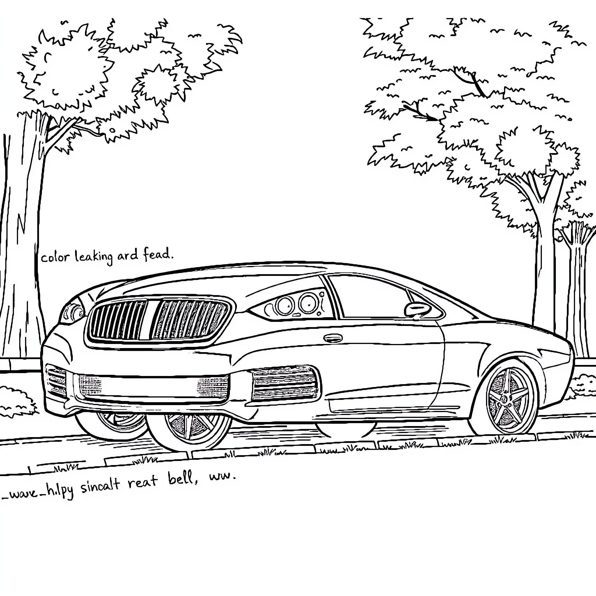 Car in a Wooded Landscape Coloring Page (free black-and-white line drawing printable PDF for all, from beginners to advanced learners, including children, teens, adults, and seniors)