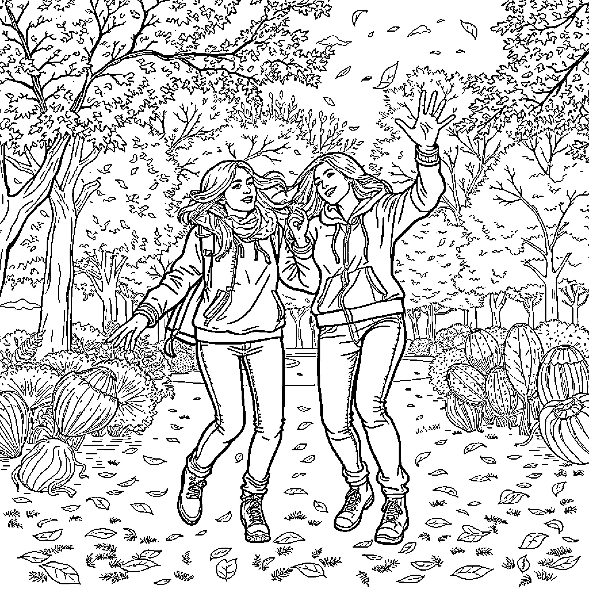 Women enjoying an autumn walk in the park Coloring Page (free black-and-white line drawing printable PDF for all, from beginners to advanced learners, including children, teens, adults, and seniors)