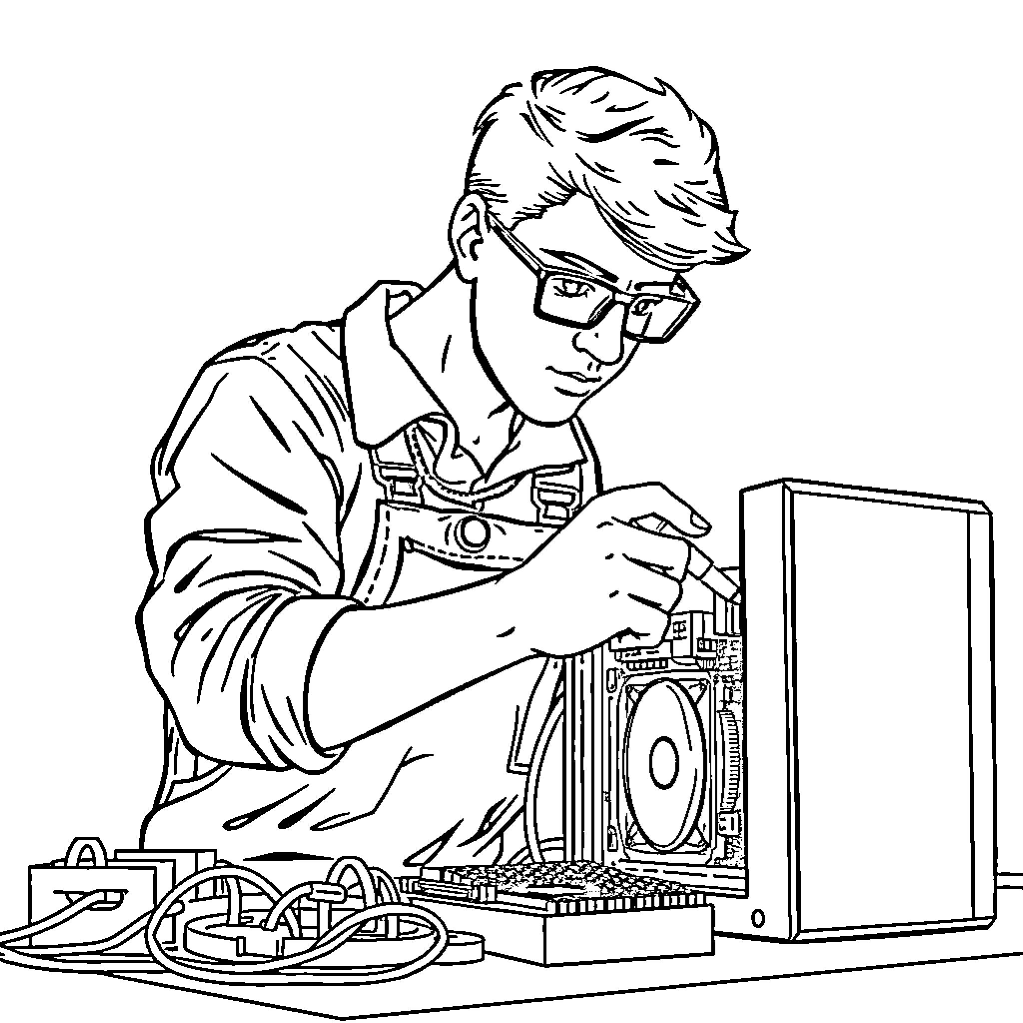 High School Student Repairing Computer Hardware Coloring Page (free black-and-white line drawing printable PDF for all, from beginners to advanced learners, including children, teens, adults, and seniors)