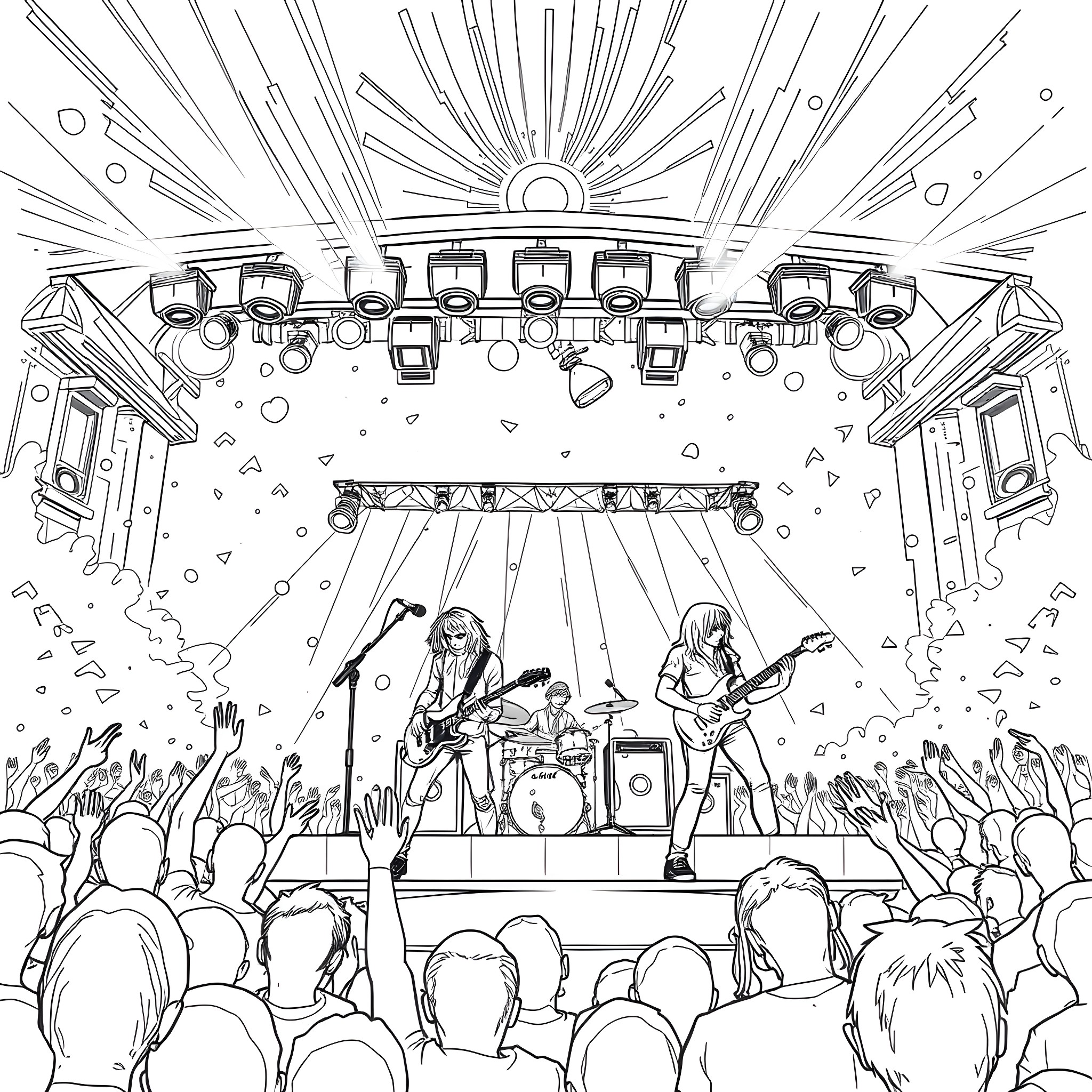 Greta Van Fleet performing on a grand stage Coloring Page (free black-and-white line drawing printable PDF for all, from beginners to advanced learners, including children, teens, adults, and seniors)
