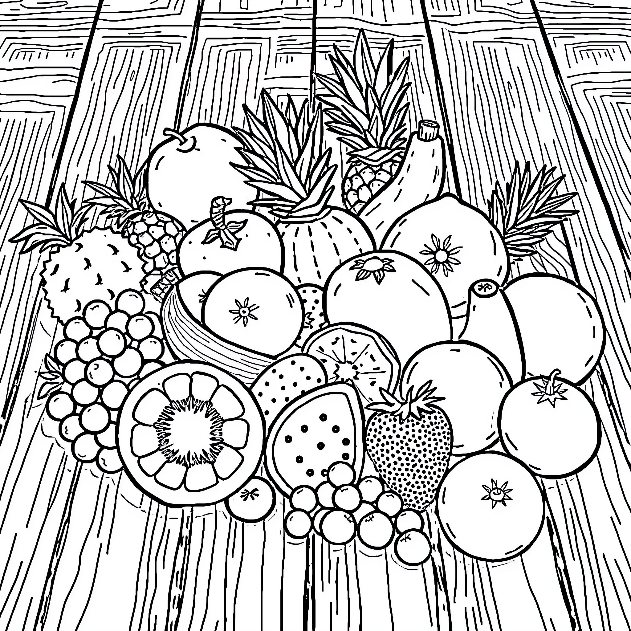 Fruit Abundance on Wooden Planks Coloring Page (free black-and-white line drawing printable PDF for all, from beginners to advanced learners, including children, teens, adults, and seniors)