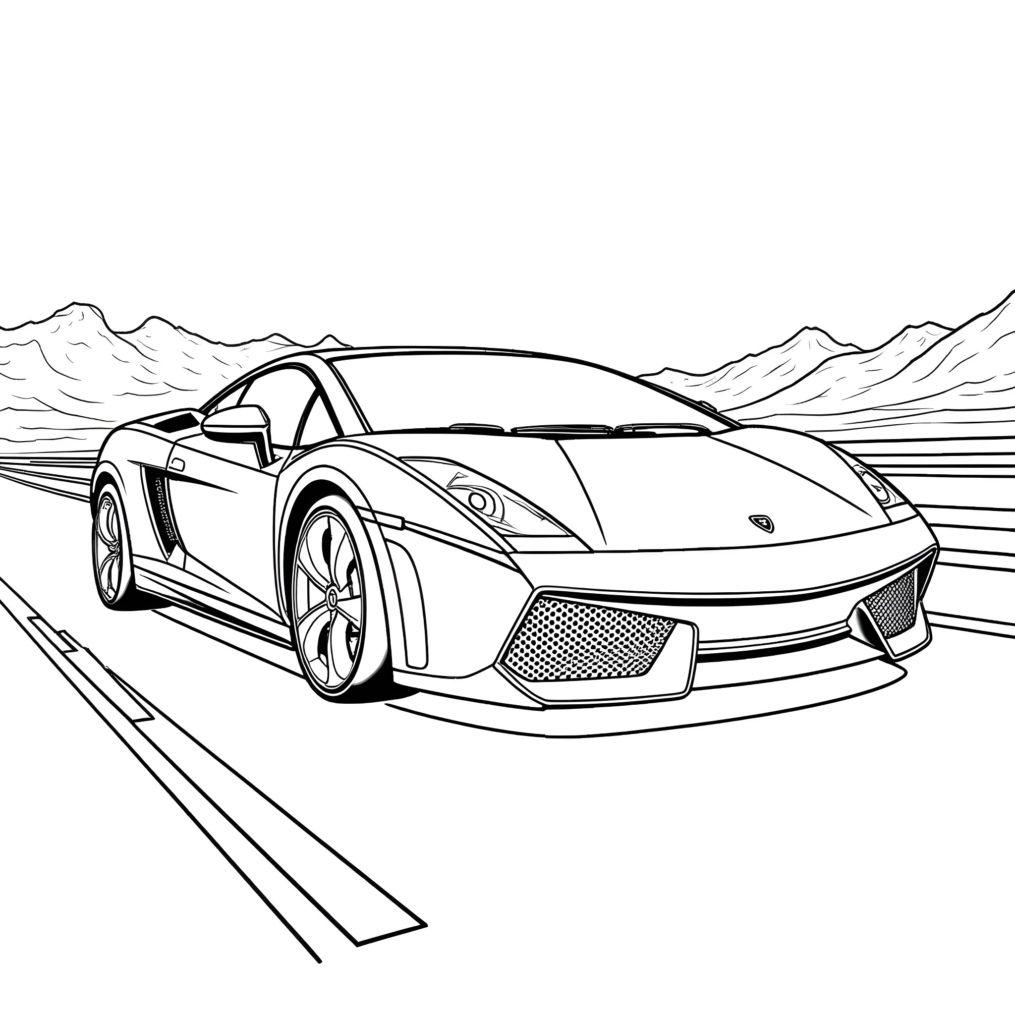 Lamborghini sports car on the open road Coloring Page (free black-and-white line drawing printable PDF for all, from beginners to advanced learners, including children, teens, adults, and seniors)