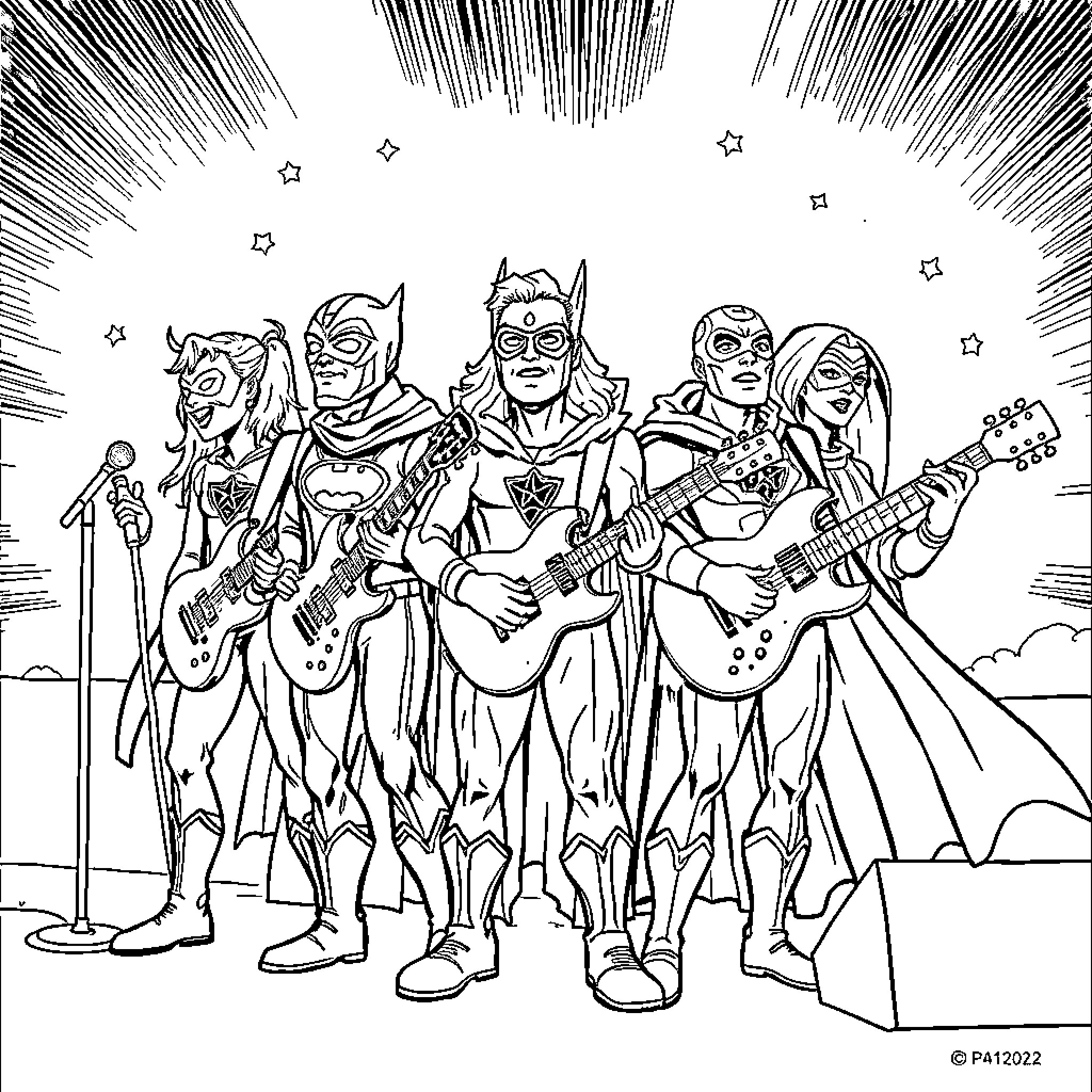 Superhero Band Performing on Stage Coloring Page (free black-and-white line drawing printable PDF for all, from beginners to advanced learners, including children, teens, adults, and seniors)